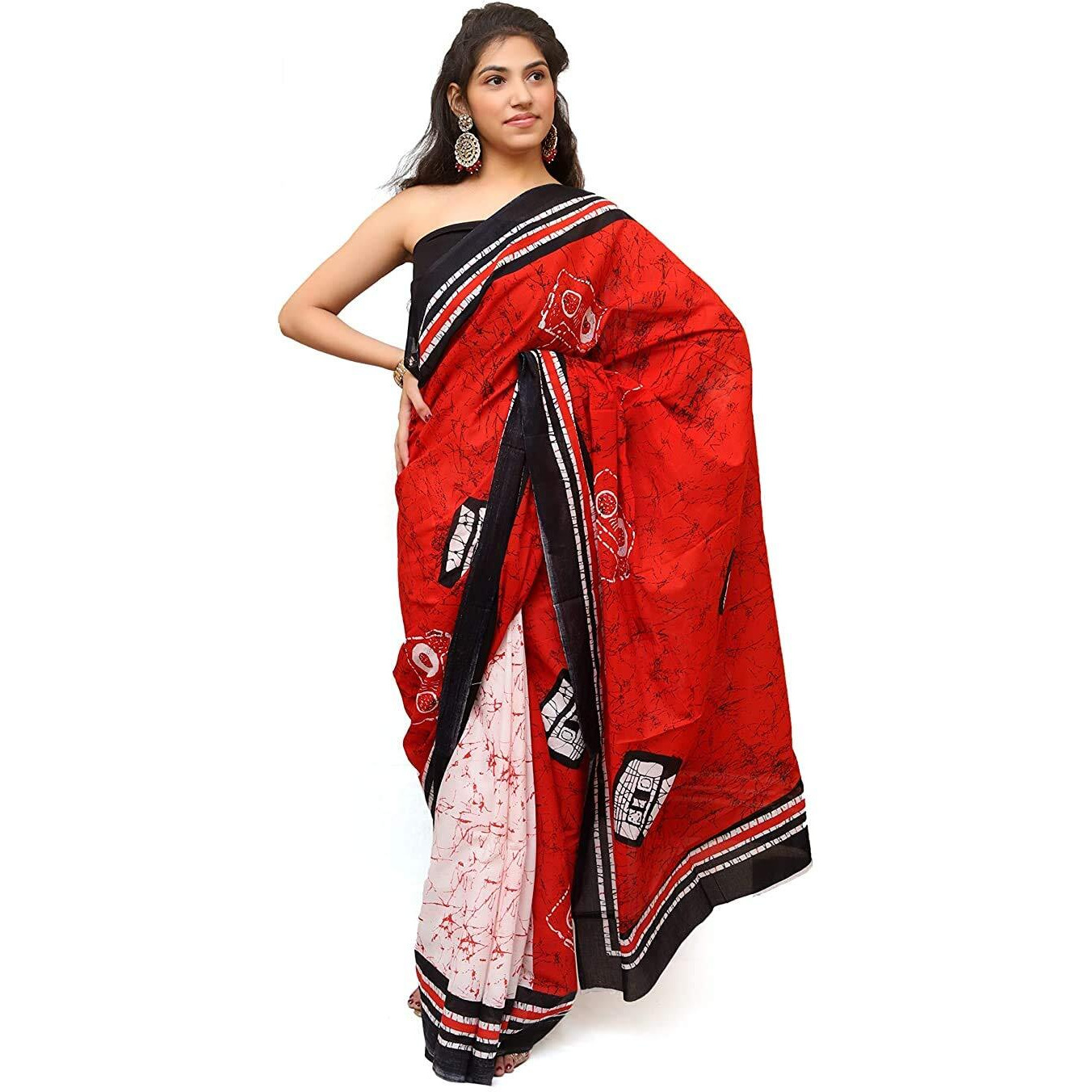 Kiaaron Womens Hand Block Kalamkari Batik Bagru Jaipuri Ikat Printed Handloom Pure Cotton Mulmul Traditional Ethnic Cotton Sarees With Printed Blouse Piece - Red