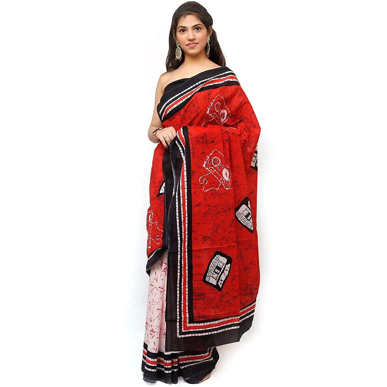 Kiaaron Womens Hand Block Kalamkari Batik Bagru Jaipuri Ikat Printed Handloom Pure Cotton Mulmul Traditional Ethnic Cotton Sarees With Printed Blouse Piece - Red