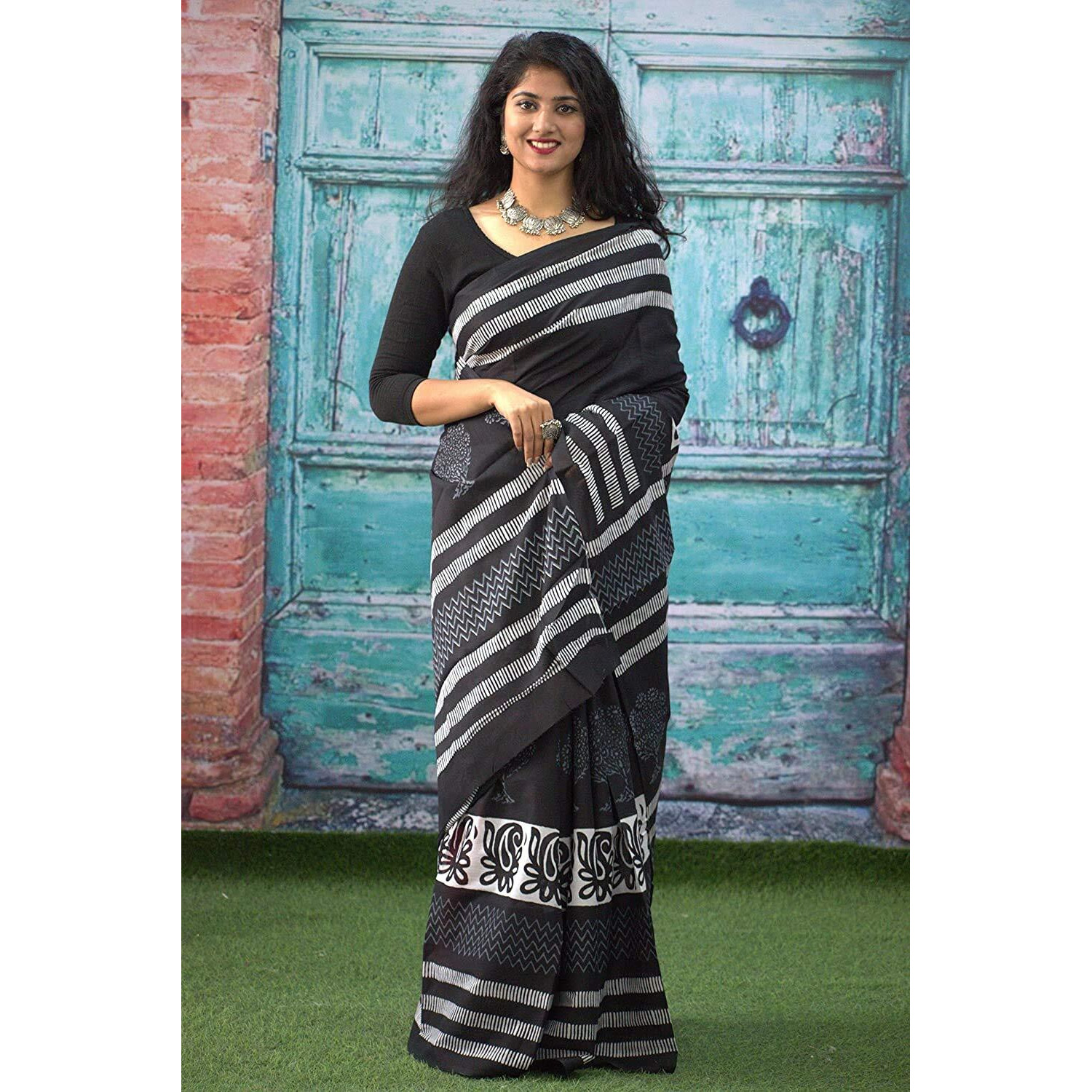 Kiaaron Womens Hand Block Kalamkari Batik Bagru Jaipuri Ikat Printed Handloom Pure Cotton Mulmul Traditional Ethnic Cotton Sarees With Printed Blouse Piece - Black