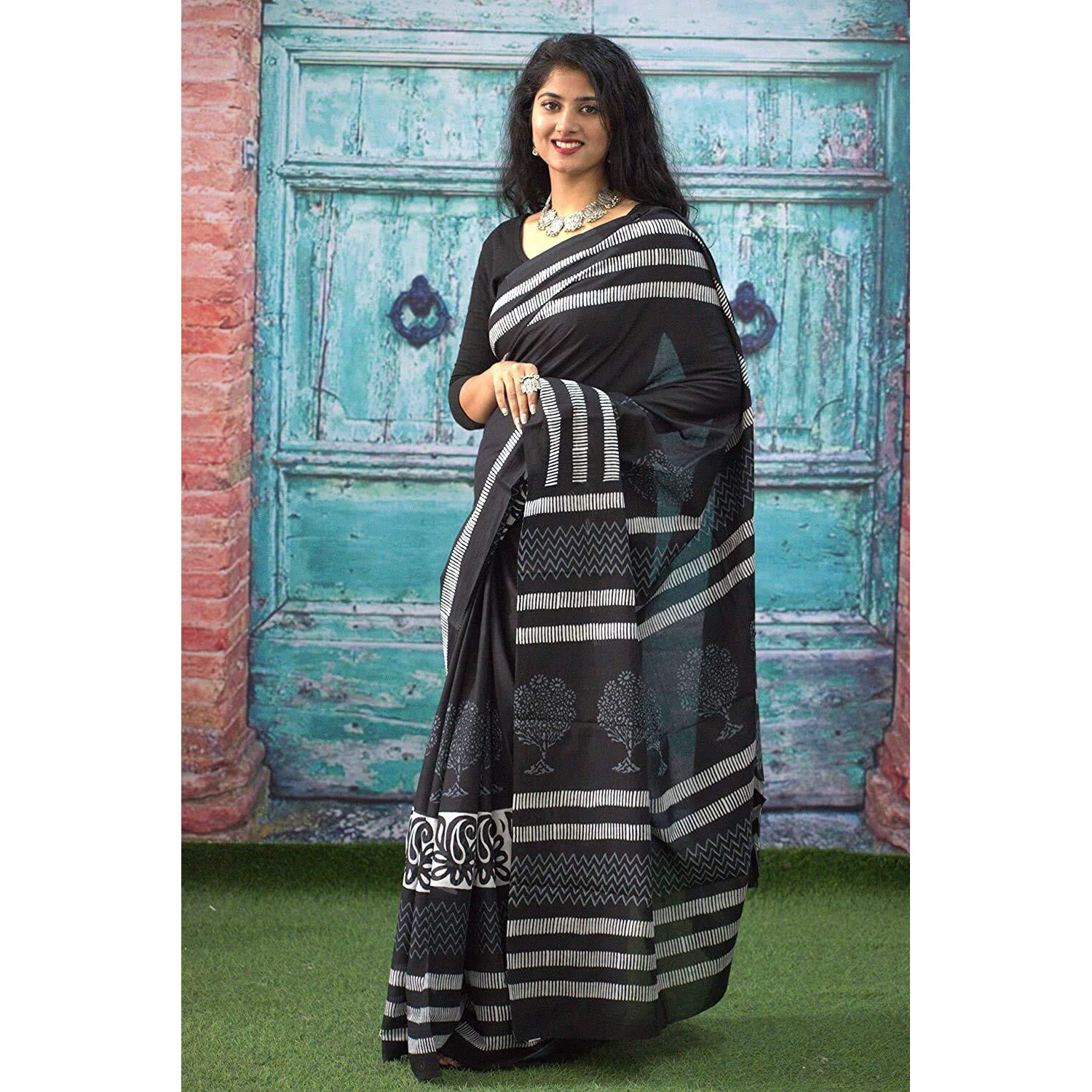 Kiaaron Womens Hand Block Kalamkari Batik Bagru Jaipuri Ikat Printed Handloom Pure Cotton Mulmul Traditional Ethnic Cotton Sarees With Printed Blouse Piece - Black
