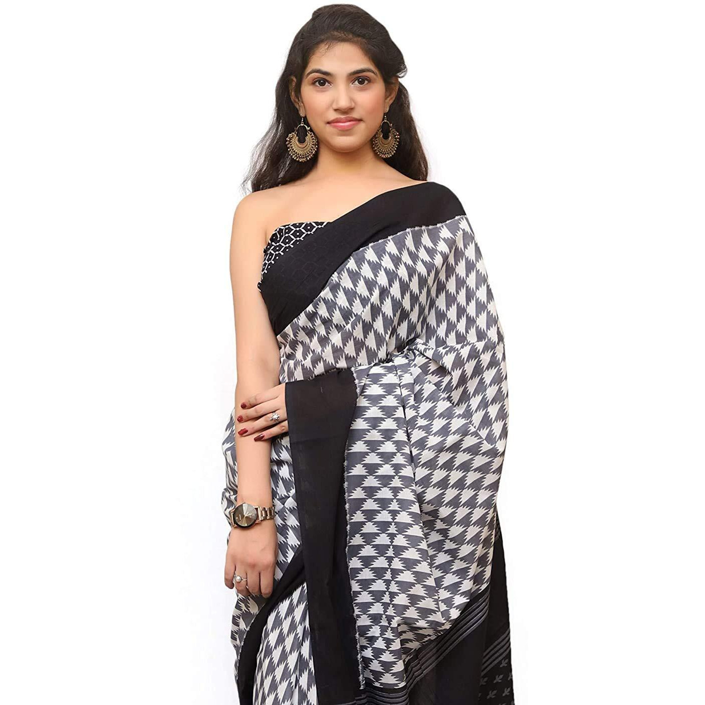 Kiaaron Womens Hand Block Kalamkari Batik Bagru Jaipuri Ikat Printed Handloom Pure Cotton Mulmul Traditional Ethnic Cotton Sarees With Printed Blouse Piece - Black_Grey