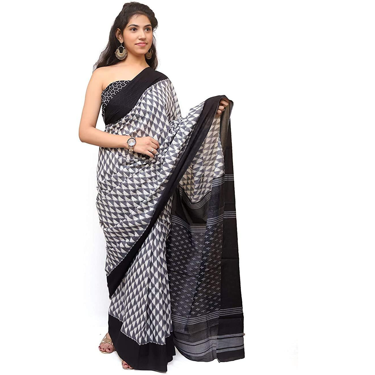 Kiaaron Womens Hand Block Kalamkari Batik Bagru Jaipuri Ikat Printed Handloom Pure Cotton Mulmul Traditional Ethnic Cotton Sarees With Printed Blouse Piece - Black_Grey