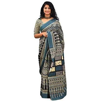 Kiaaron Ikat Hand Block Print Cotton Mulmul Saree with Blouse Piece for Women - Multi
