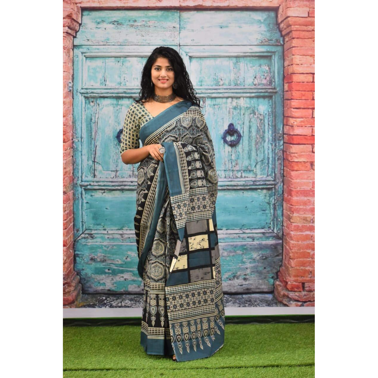 Kiaaron Ikat Hand Block Print Cotton Mulmul Saree with Blouse Piece for Women - Multi