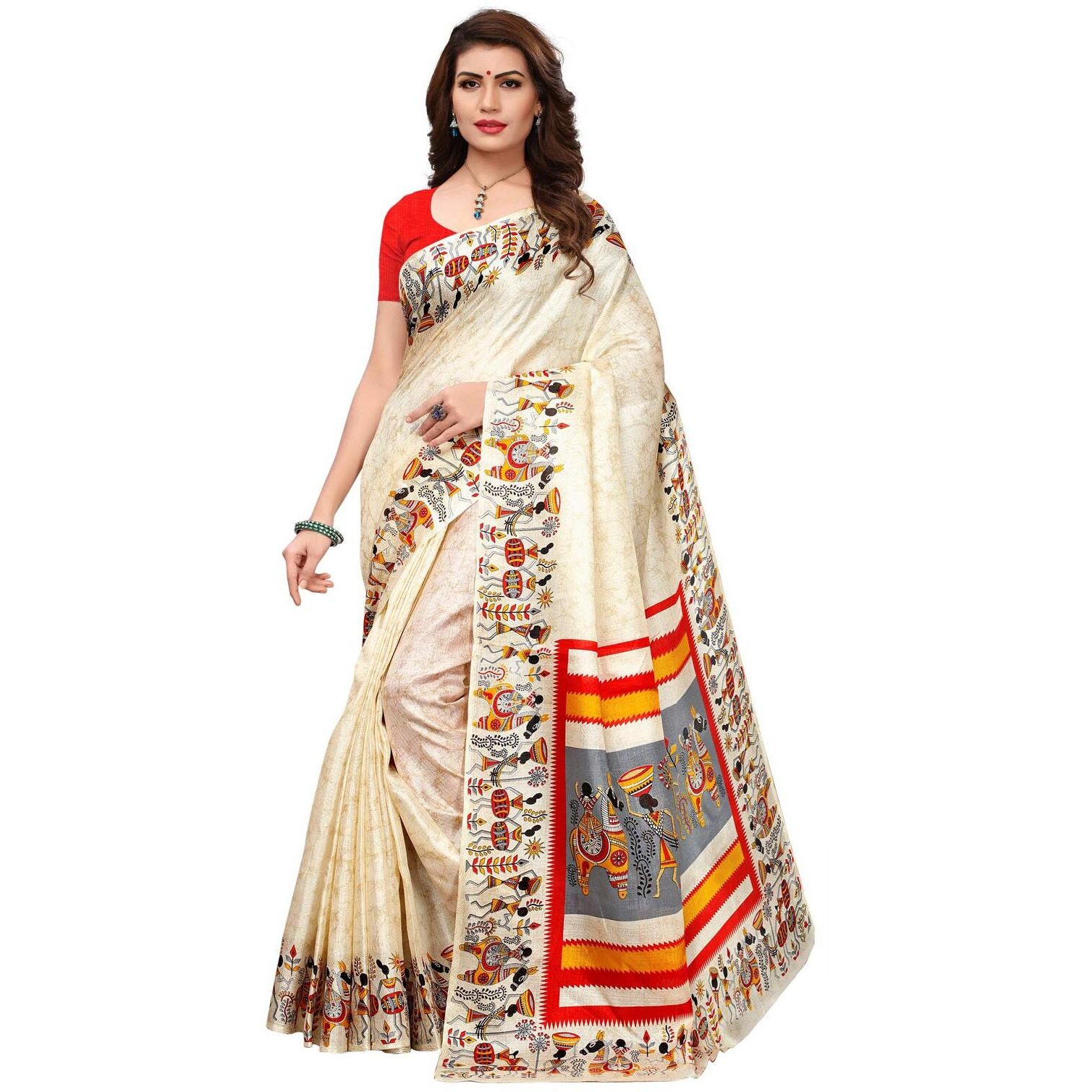 Satrani Womens Art Silk Saree With Blouse Piece (811ST108_Off White_One Size_Off White)