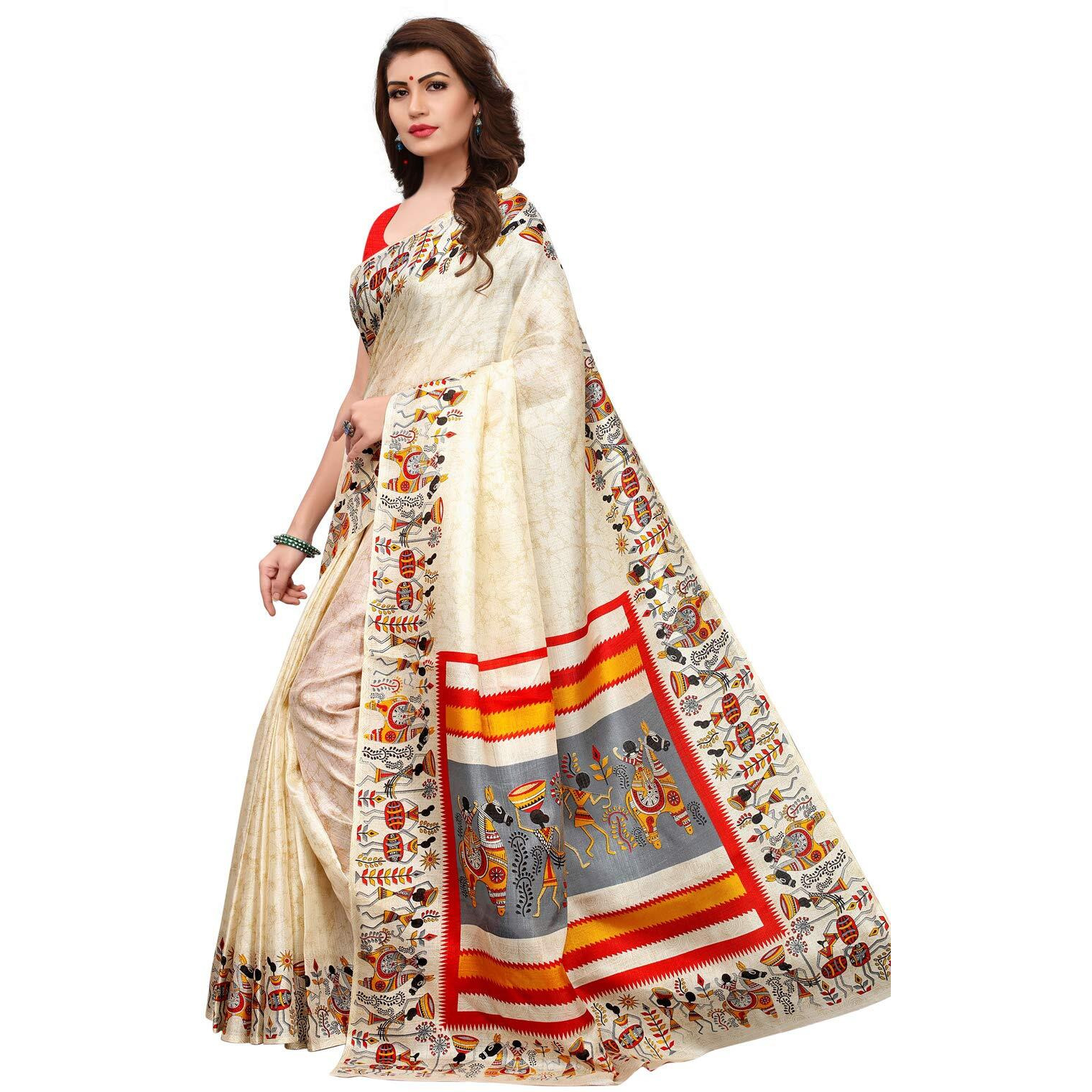 Satrani Womens Art Silk Saree With Blouse Piece (811ST108_Off White_One Size_Off White)