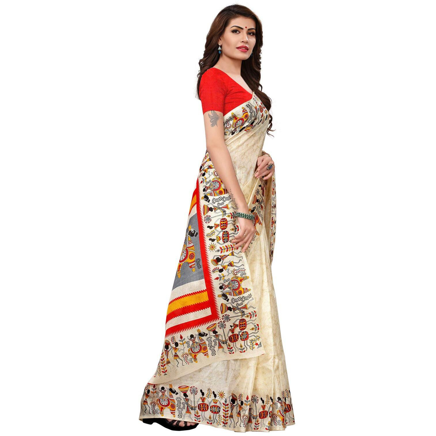 Satrani Womens Art Silk Saree With Blouse Piece (811ST108_Off White_One Size_Off White)