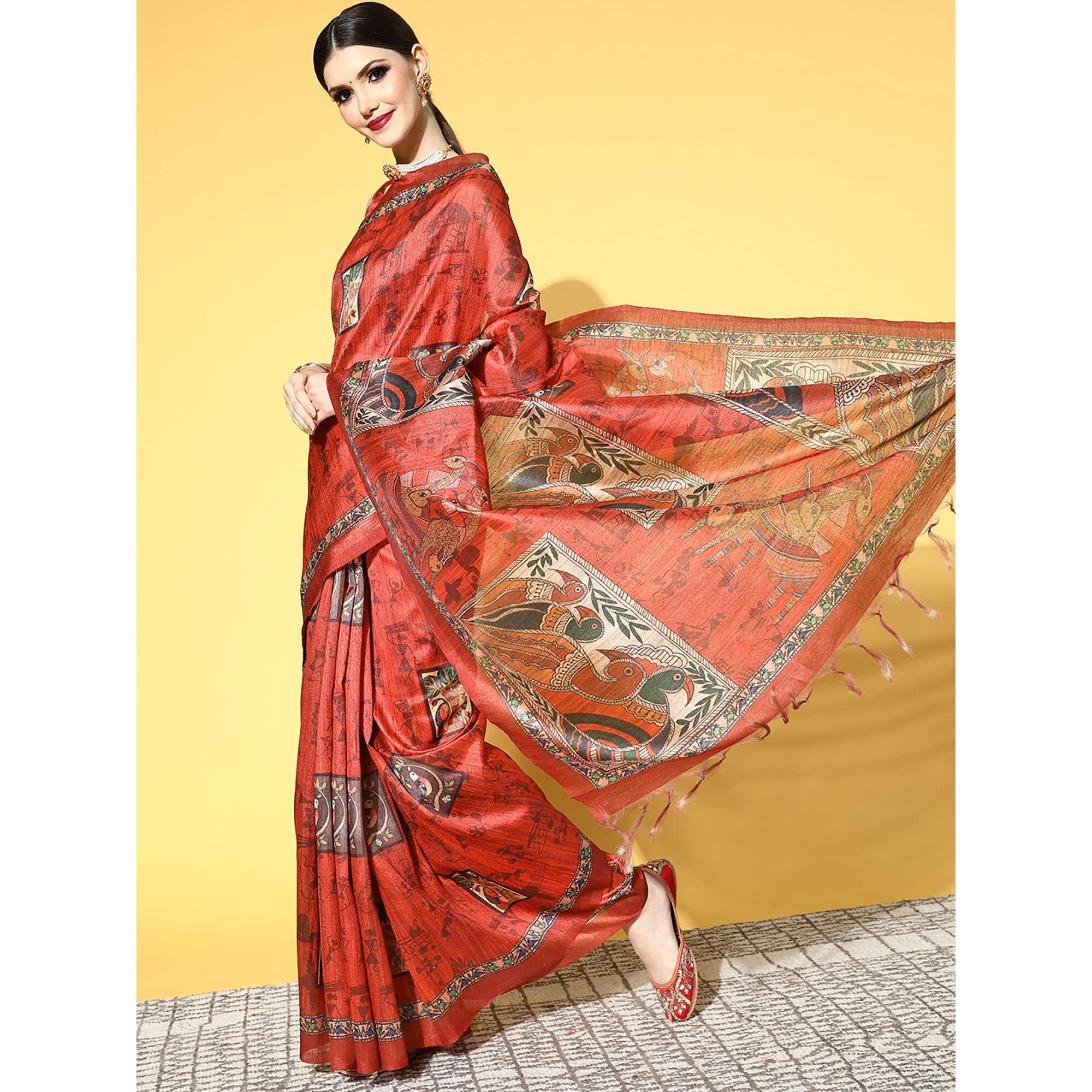 AKHILAM Womens Printed Kalamkari Silk Blend Saree With Unstitched Blouse Piece(Red_RR0KLMK13C)