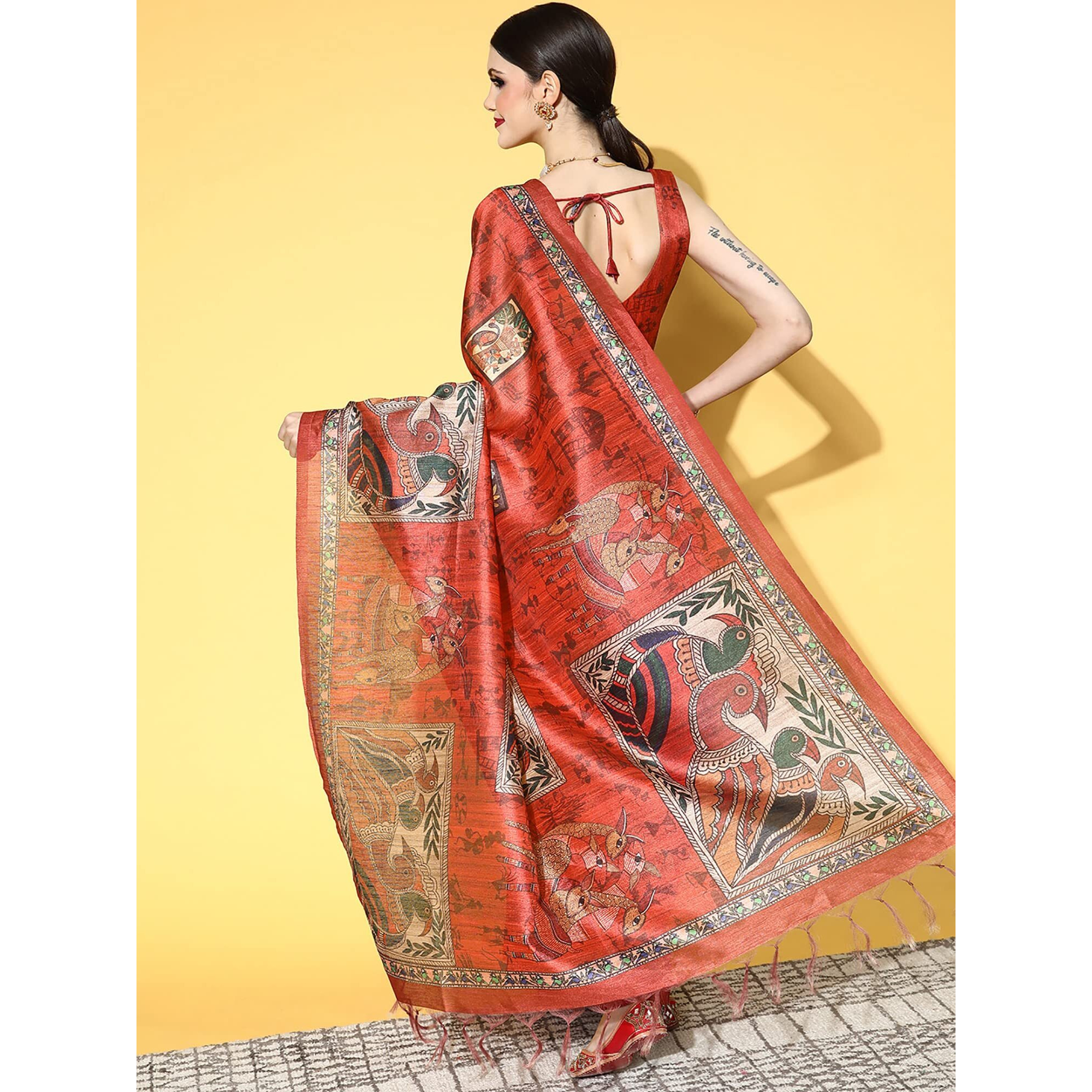 AKHILAM Womens Printed Kalamkari Silk Blend Saree With Unstitched Blouse Piece(Red_RR0KLMK13C)