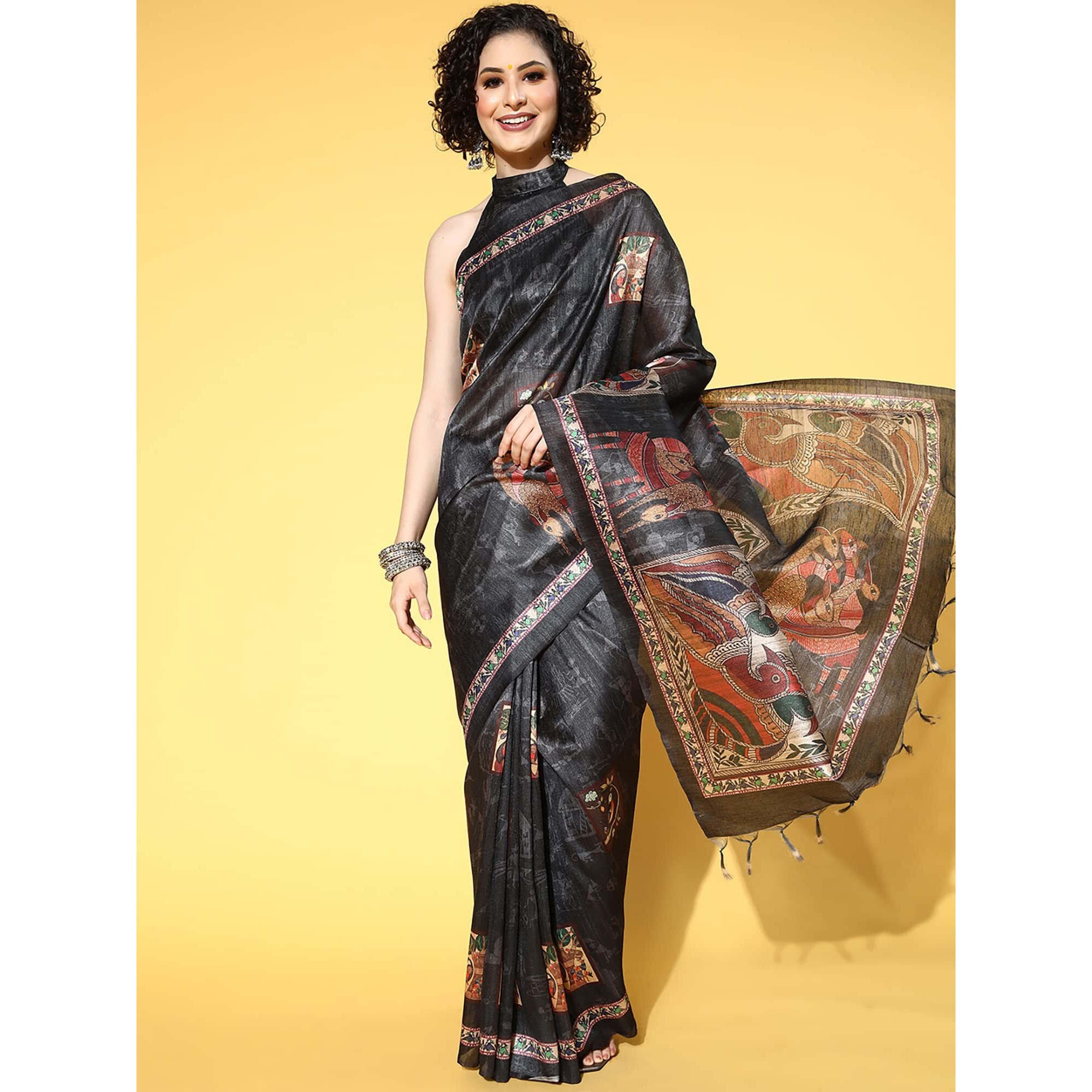 AKHILAM Womens Printed Kalamkari Silk Blend Saree With Unstitched Blouse Piece(Black_RR0KLMK13E)