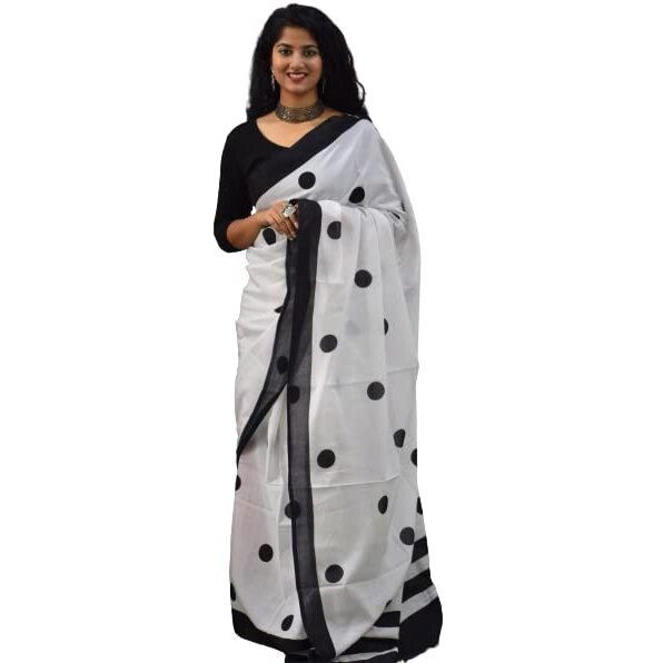 Kiaaron Womens Ikat Hand Block Print Jaipuri Cotton Mulmul Saree with Blouse Piece - White_52