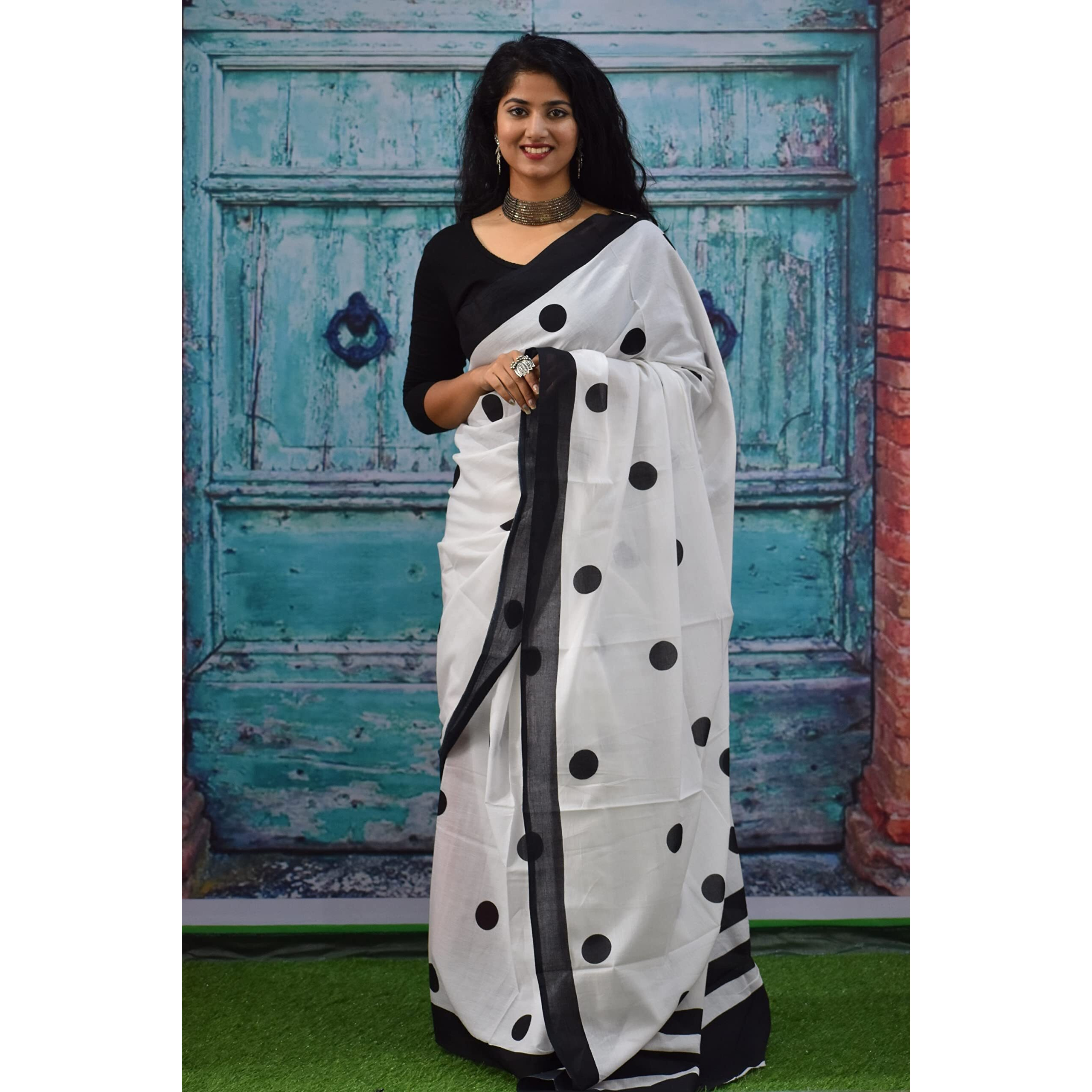 Kiaaron Womens Ikat Hand Block Print Jaipuri Cotton Mulmul Saree with Blouse Piece - White_52
