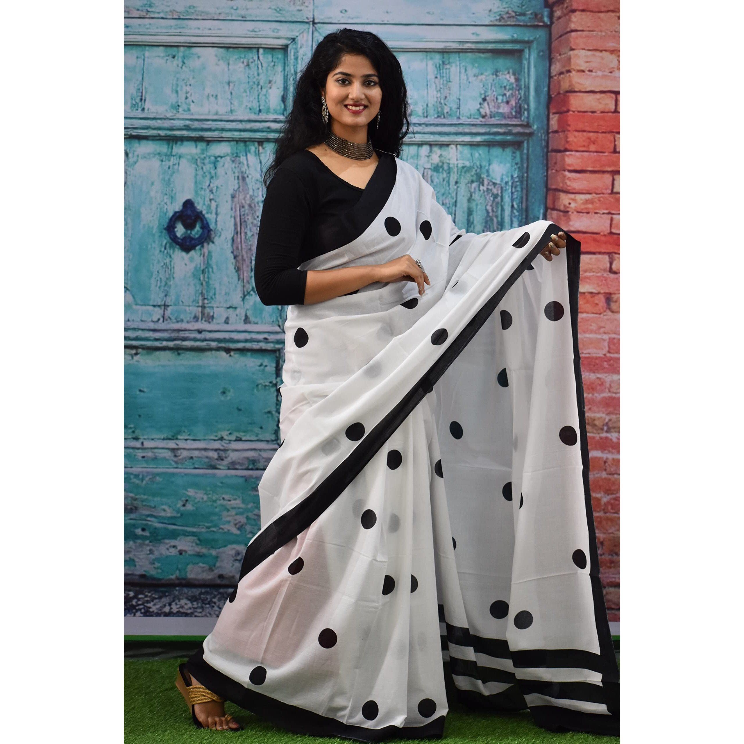 Kiaaron Womens Ikat Hand Block Print Jaipuri Cotton Mulmul Saree with Blouse Piece - White_52