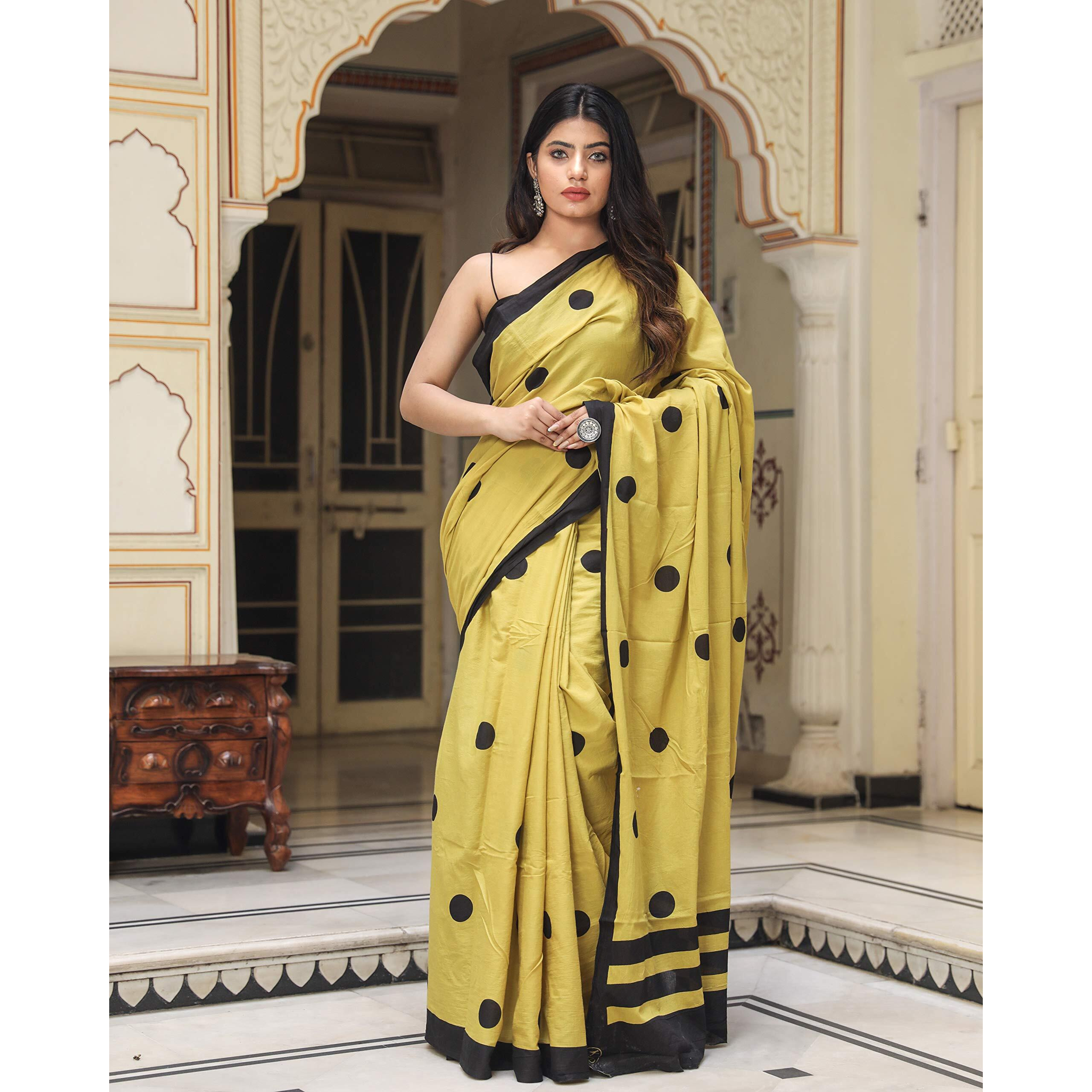 Kiaaron Womens Hand Block Kalamkari Batik Bagru Jaipuri Ikat Printed Handloom Pure Cotton Mulmul Traditional Ethnic Cotton Sarees With Printed Blouse Piece - Yellow