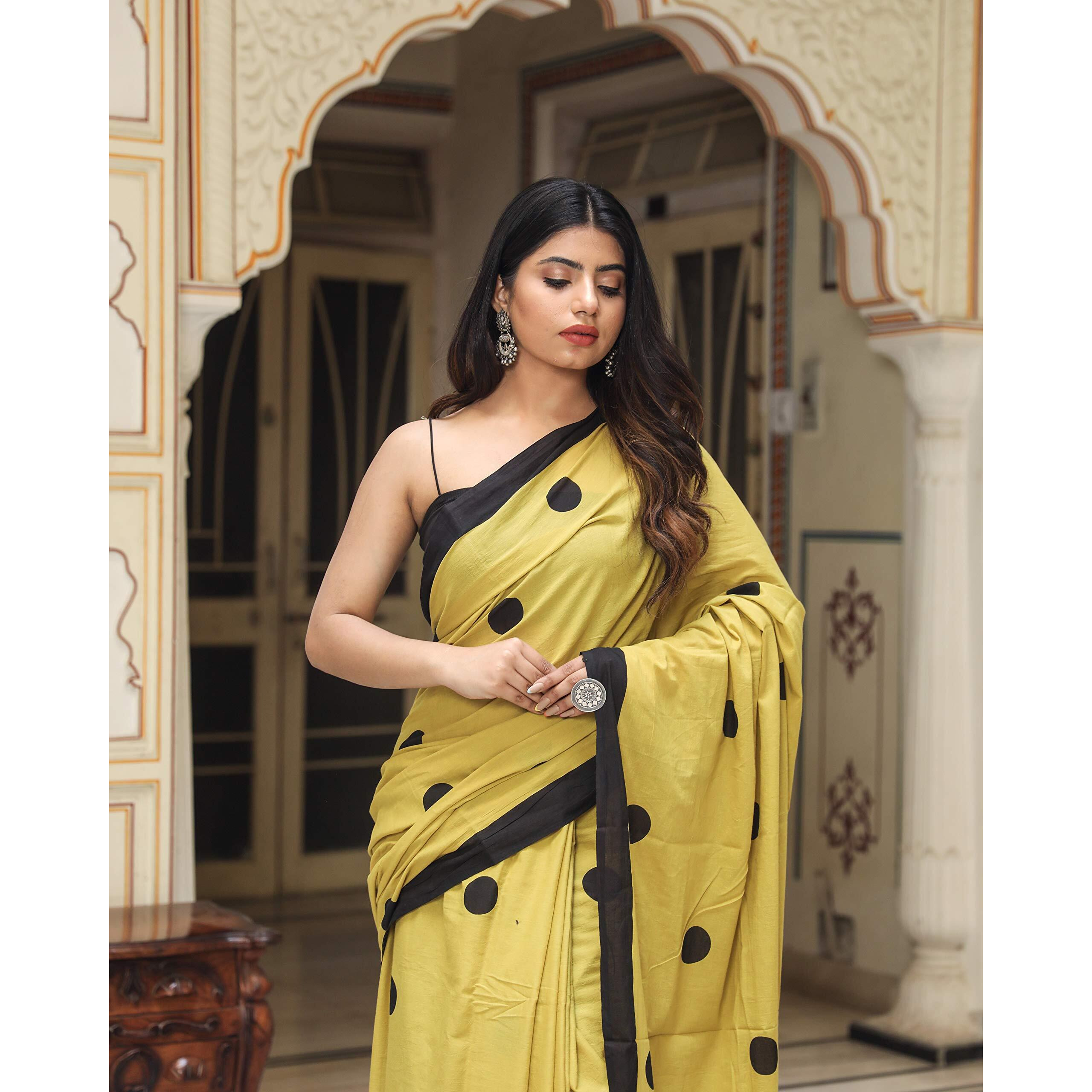Kiaaron Womens Hand Block Kalamkari Batik Bagru Jaipuri Ikat Printed Handloom Pure Cotton Mulmul Traditional Ethnic Cotton Sarees With Printed Blouse Piece - Yellow