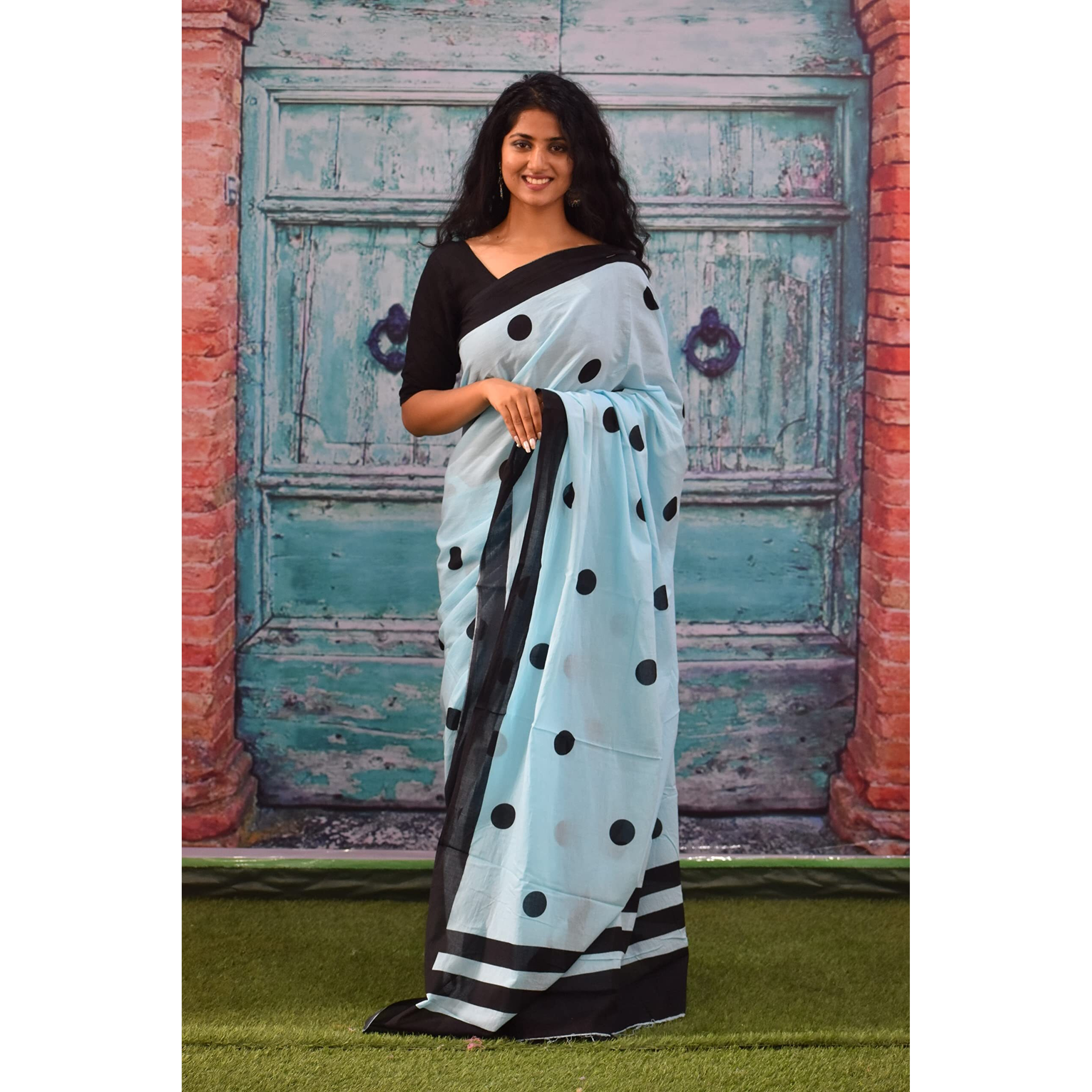 Kiaaron Womens Ikat Hand Block Print Jaipuri Cotton Mulmul Saree with Blouse Piece - Turquoise_55
