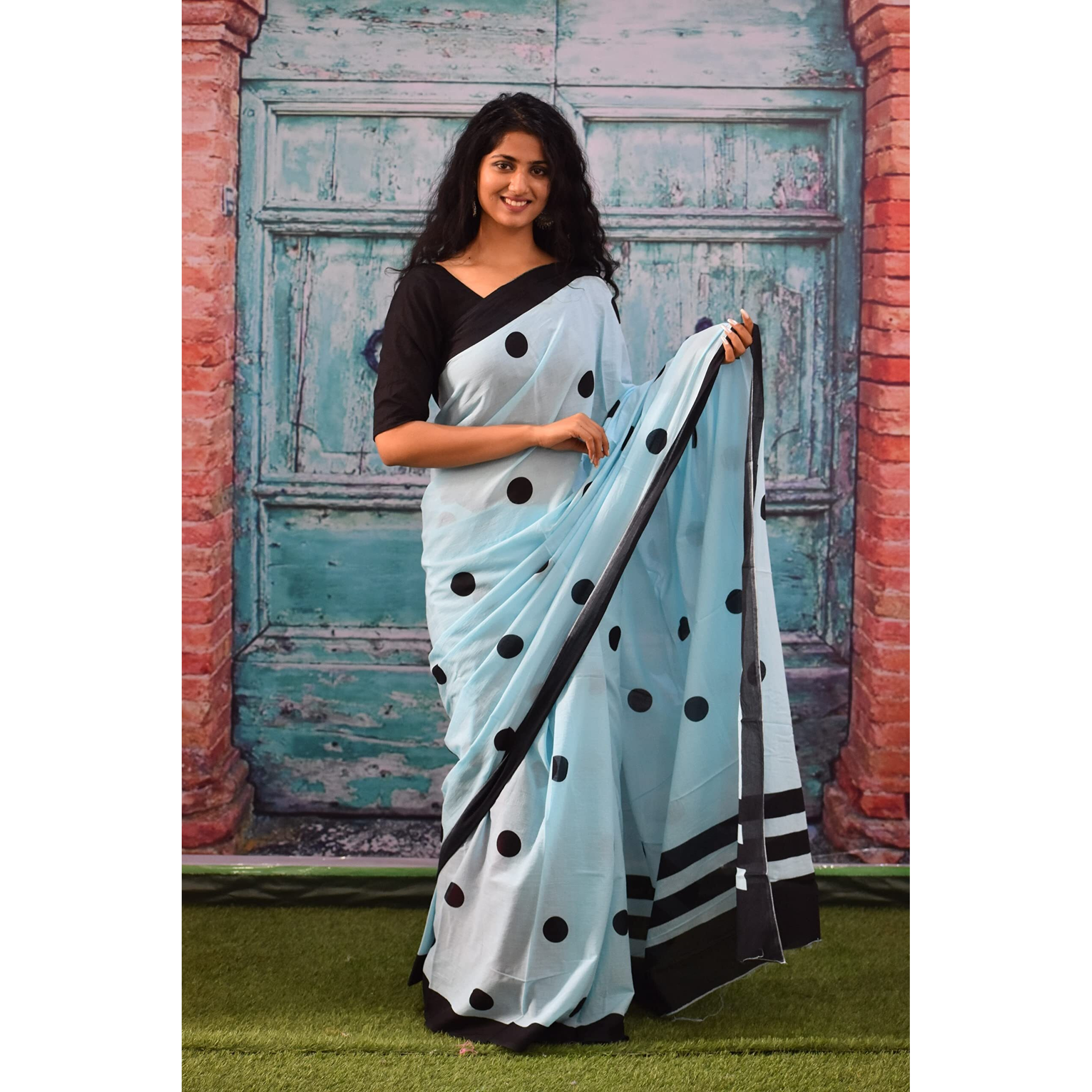 Kiaaron Womens Ikat Hand Block Print Jaipuri Cotton Mulmul Saree with Blouse Piece - Turquoise_55