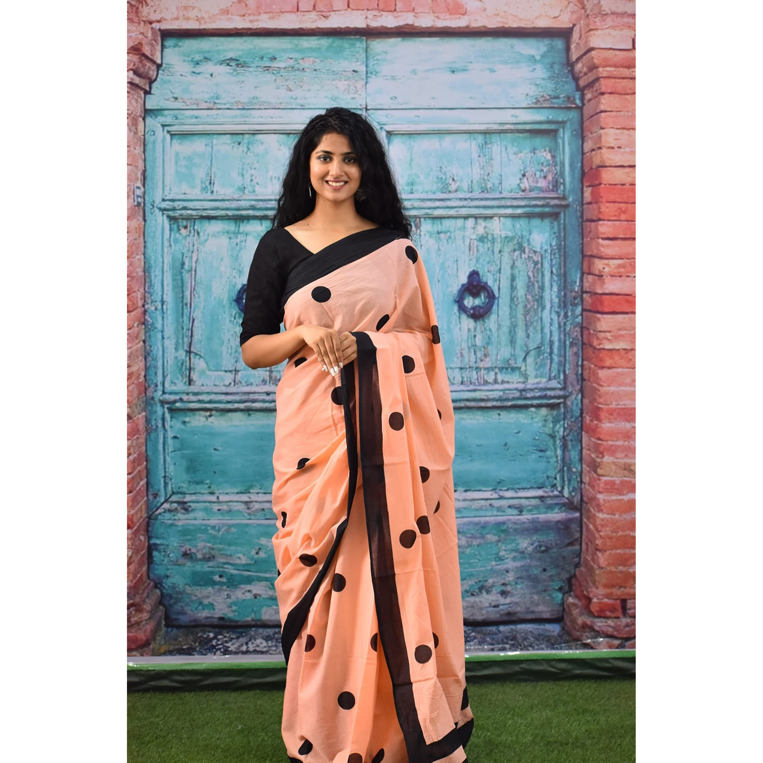 Kiaaron Womens Ikat Hand Block Print Jaipuri Cotton Mulmul Saree with Blouse Piece - Peach_54