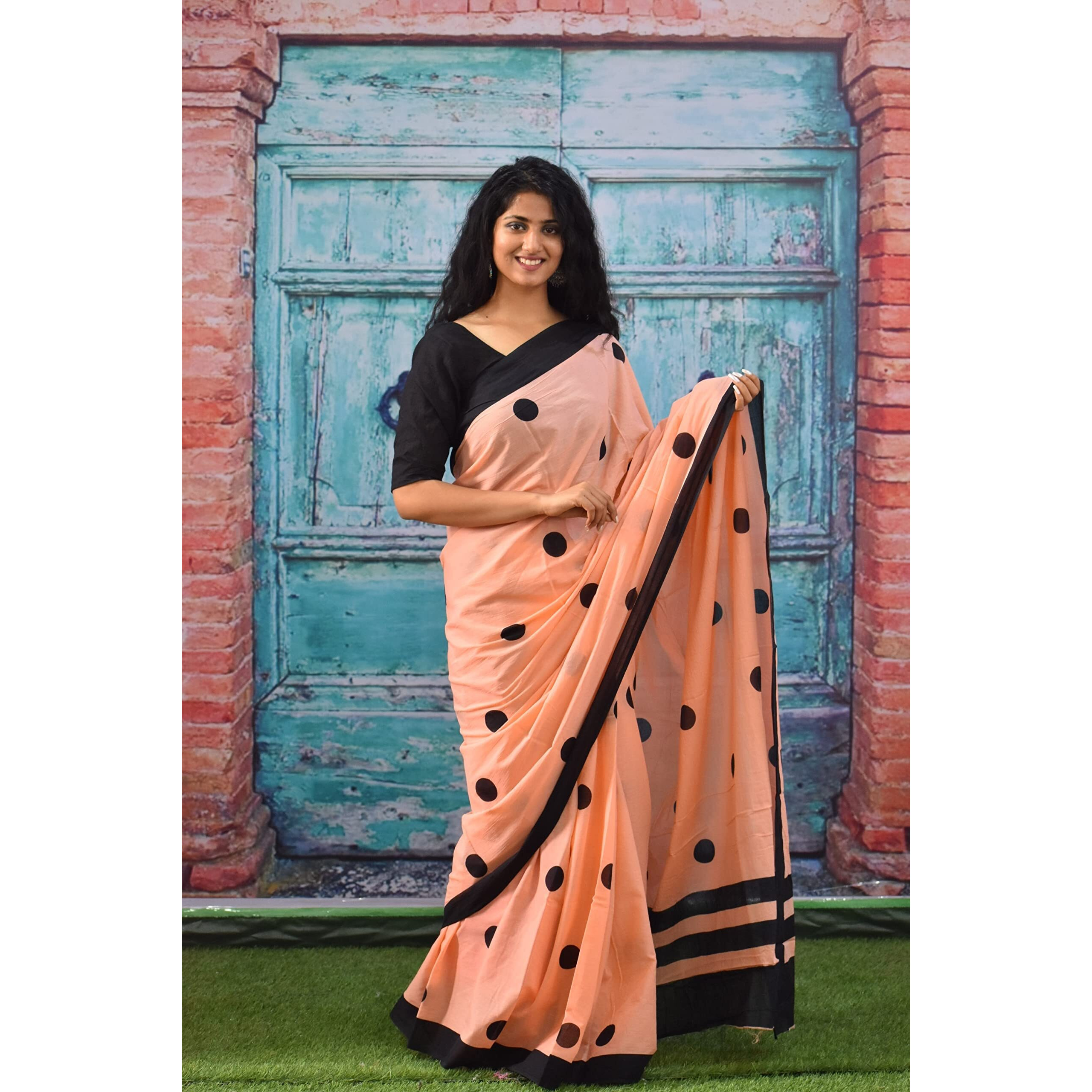 Kiaaron Womens Ikat Hand Block Print Jaipuri Cotton Mulmul Saree with Blouse Piece - Peach_54