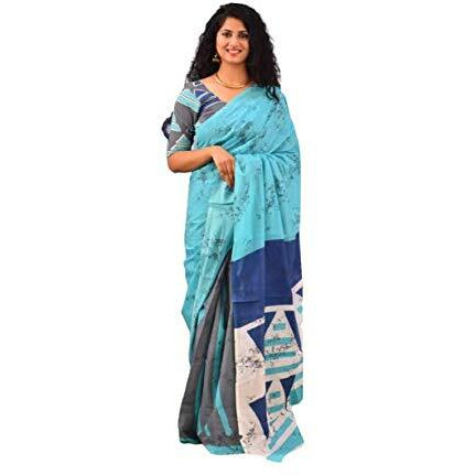 Kiaaron Womens Hand Block Kalamkari Batik Bagru Jaipuri Ikat Printed Handloom Pure Cotton Mulmul Traditional Ethnic Cotton Sarees With Printed Blouse Piece - Multicolor