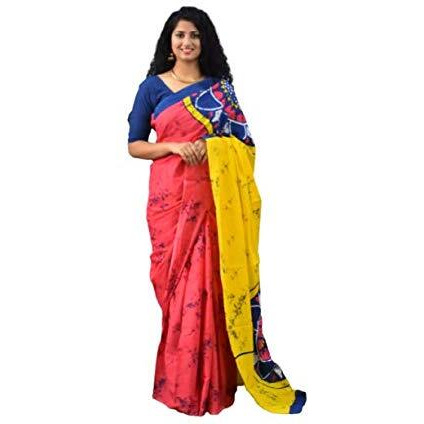 Kiaaron Womens Hand Block Kalamkari Batik Bagru Jaipuri Ikat Printed Handloom Pure Cotton Mulmul Traditional Ethnic Cotton Sarees With Printed Blouse Piece - Pink