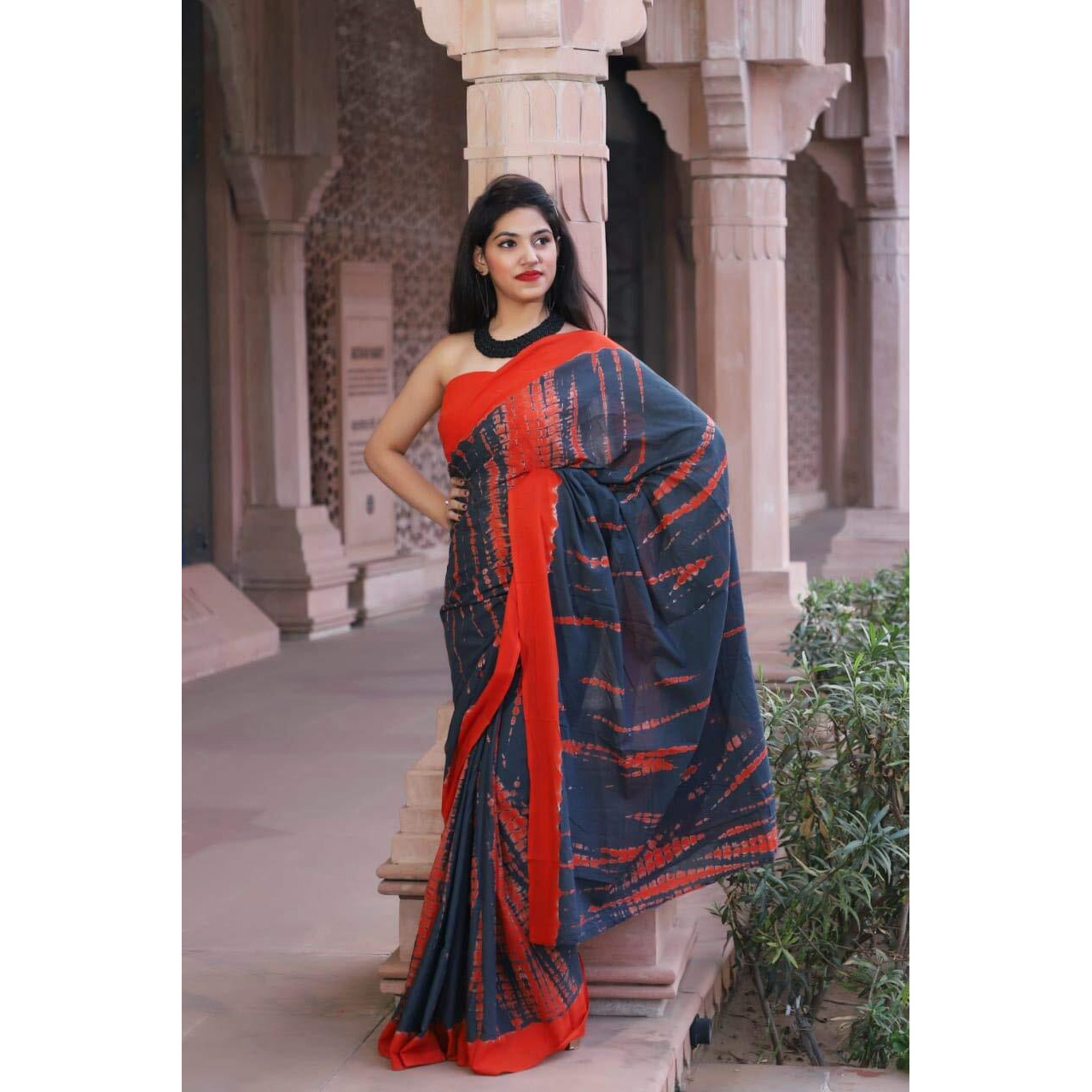 Kiaaron Womens Hand Block Kalamkari Batik Bagru Jaipuri Ikat Printed Handloom Pure Cotton Mulmul Traditional Ethnic Cotton Sarees With Printed Blouse Piece - Grey_red