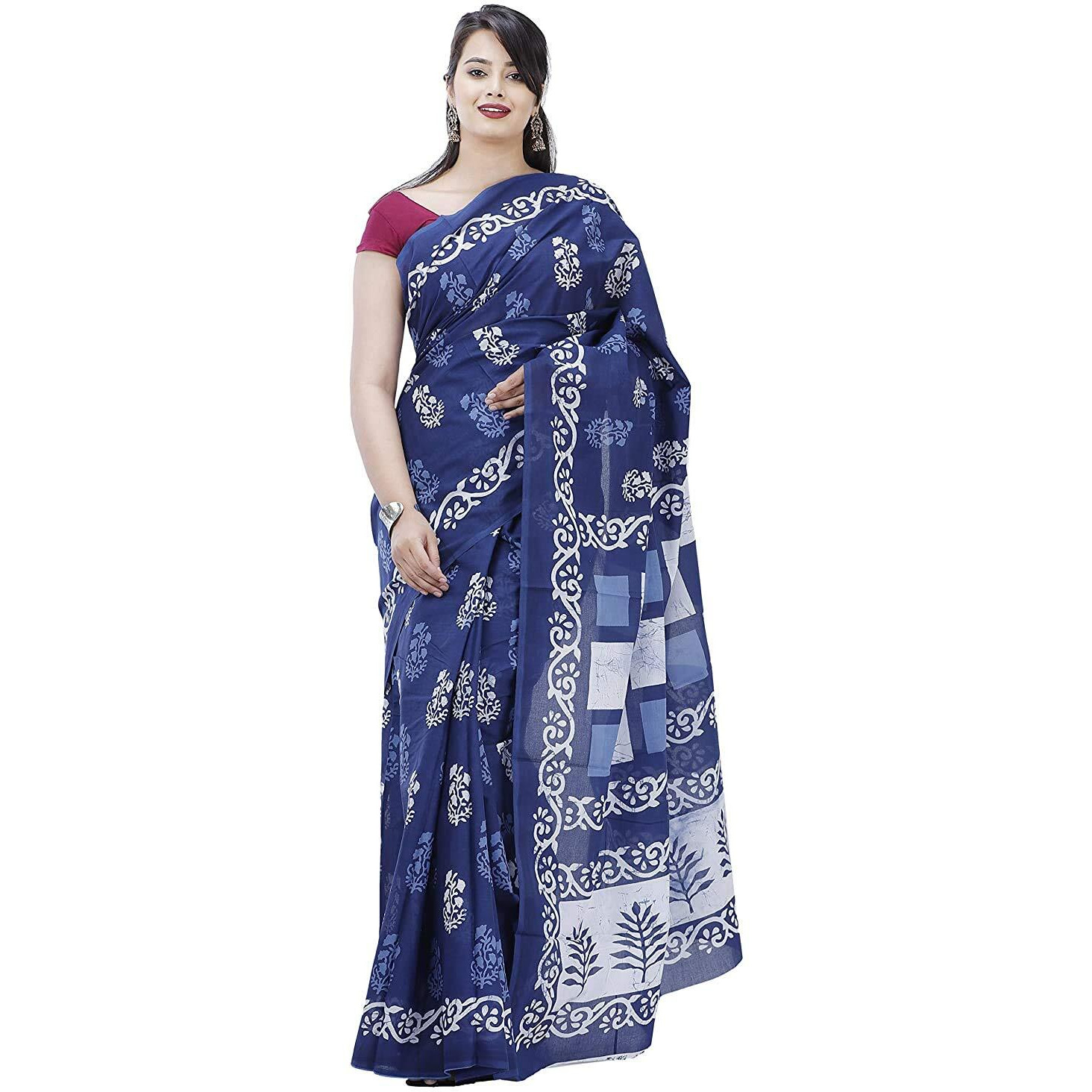 Kiaaron Womens Hand Block Kalamkari Batik Bagru Jaipuri Ikat Printed Handloom Pure Cotton Mulmul Traditional Ethnic Cotton Sarees With Printed Blouse Piece - White_Blue