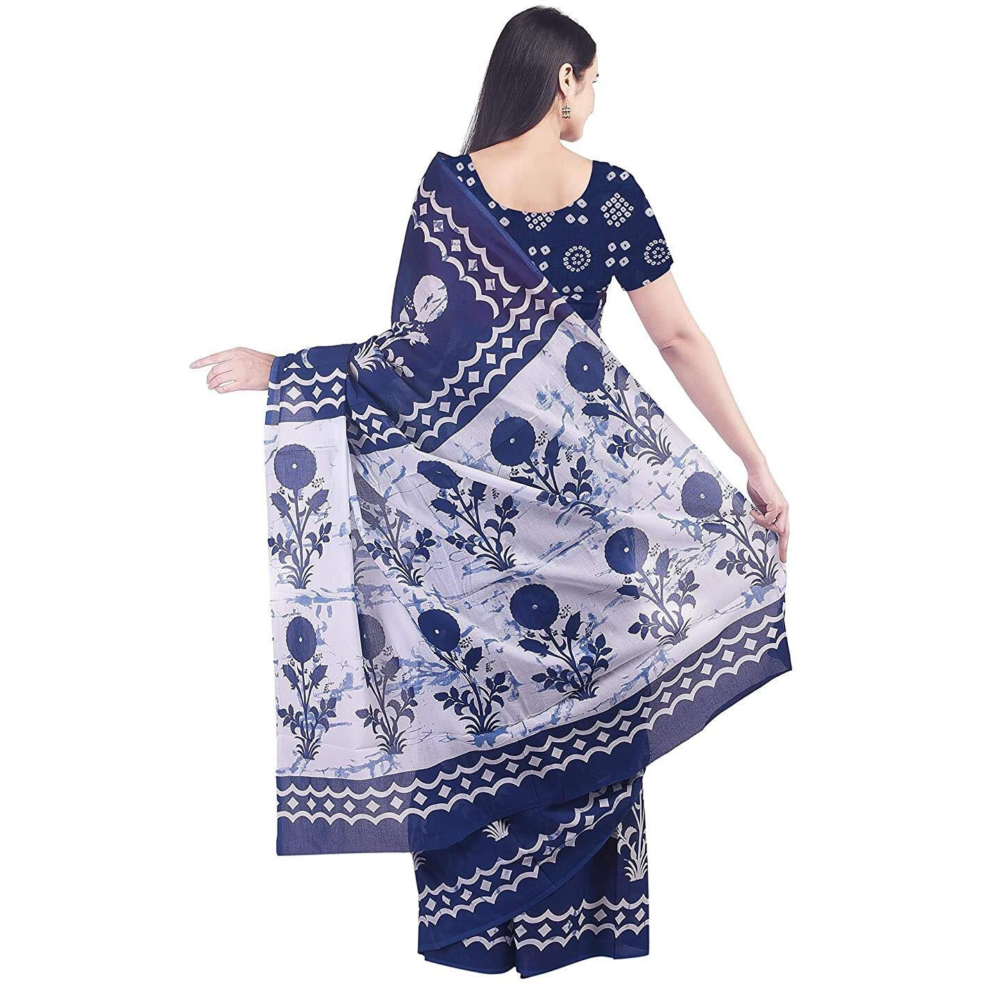 Kiaaron Womens Hand Block Kalamkari Batik Bagru Jaipuri Ikat Printed Handloom Pure Cotton Mulmul Traditional Ethnic Cotton Sarees With Printed Blouse Piece - White_Blue