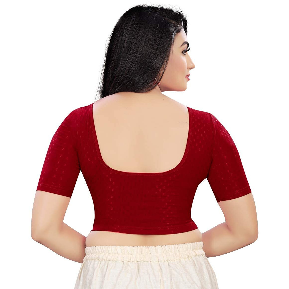 Sidhidata Round Neck Dobby Cotton Lycra Stretchable Elbow Sleeve Readymade Saree Blouse for Women Stylish (Free Size) (Maroon, Free Size-38-42)