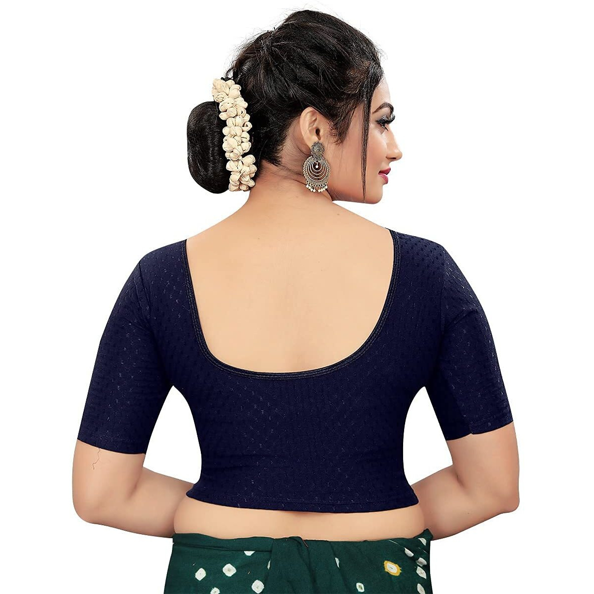 Sidhidata Round Neck Dobby Cotton Lycra Stretchable Elbow Sleeve Readymade Saree Blouse for Women Stylish (Free Size-28-36, Navy)