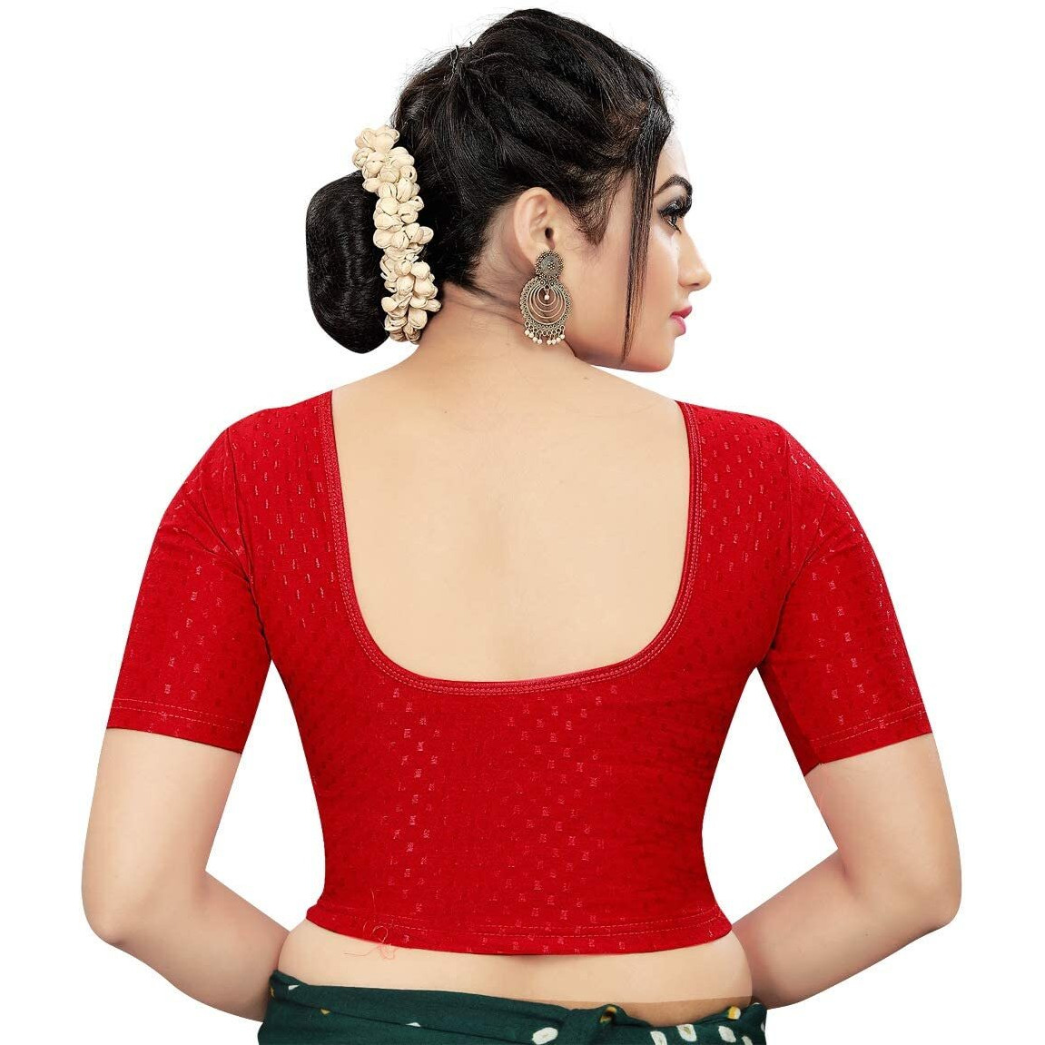 Sidhidata Round Neck Dobby Cotton Lycra Stretchable Elbow Sleeve Readymade Saree Blouse for Women Stylish (Free Size-28-36, Red)
