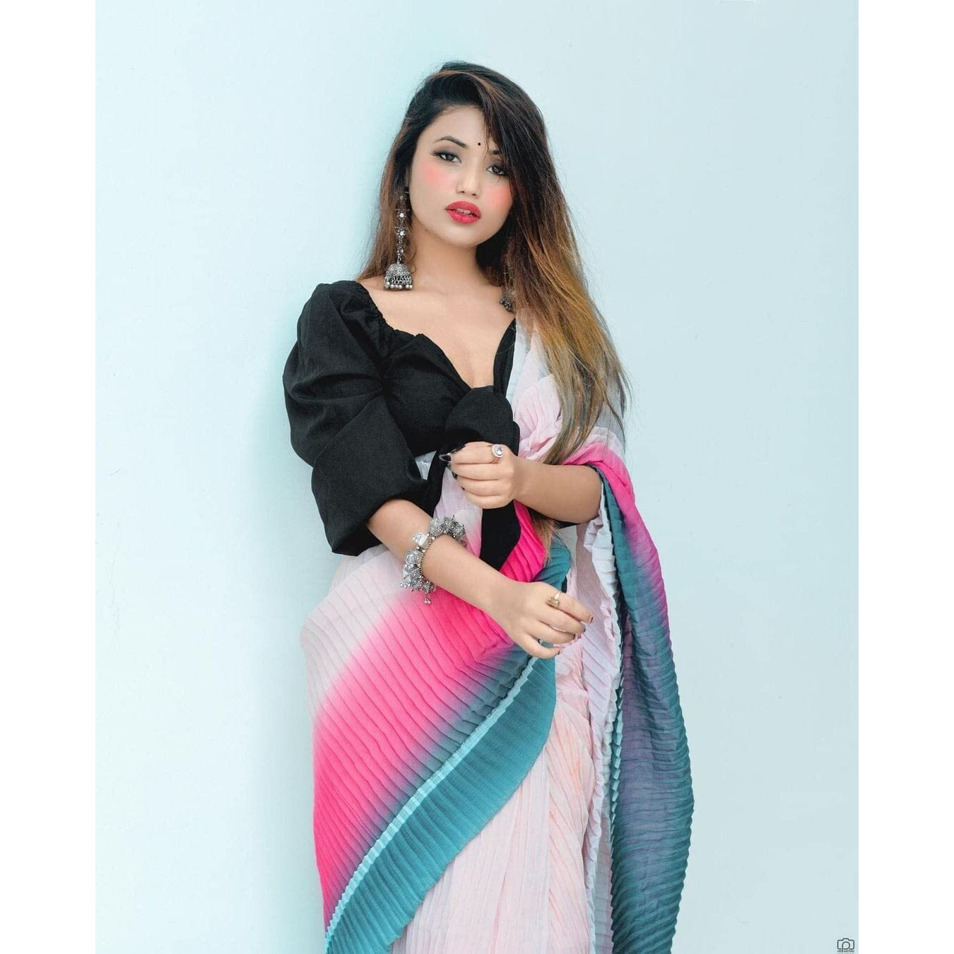 Sidhidata Womens Full Crushed/Pleated Georgette Saree With Unstitched Blouse Piece(padding Pink_Pink_Free Size)