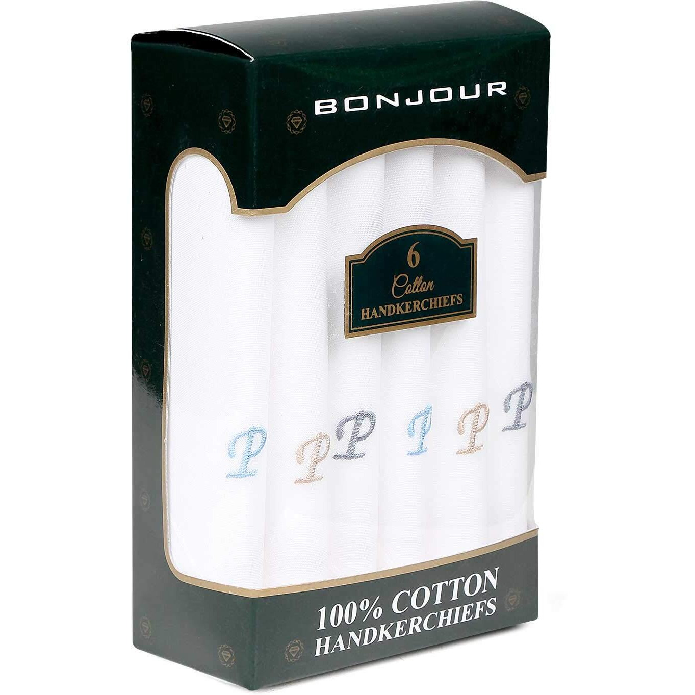 Bonjour Mens Premium White Cotton Handkerchief With Alphabetical Initial - Pack Of 6 (P)