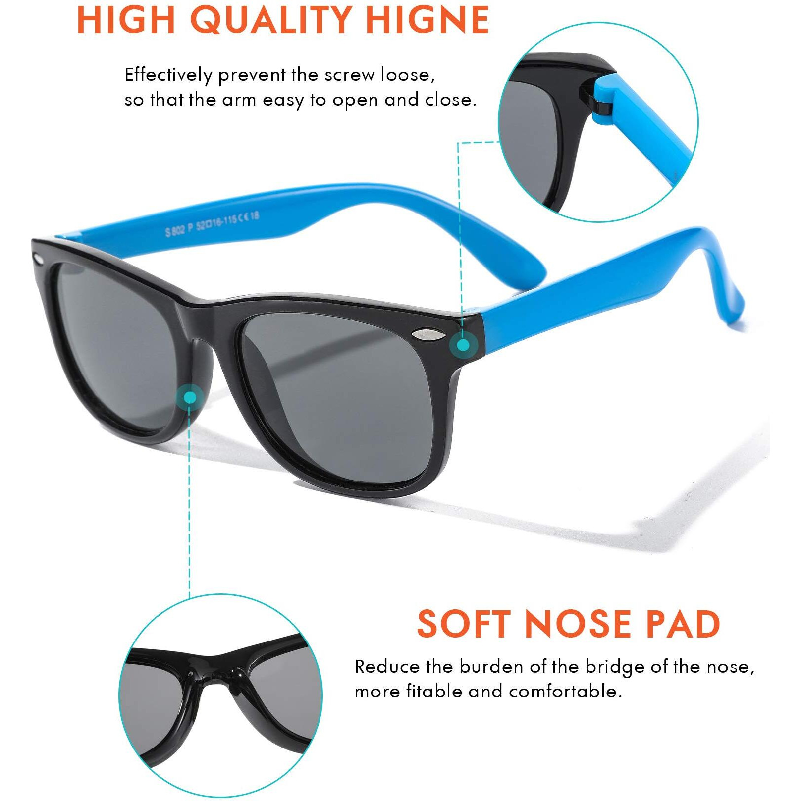 ROCF ROSSINI Flexible Kids Sunglasses Polarized Toddler Sun Glasses Girls Boys Shades UV400 Protection Eyewear for Age 2-8 (Black+Black/Blue)