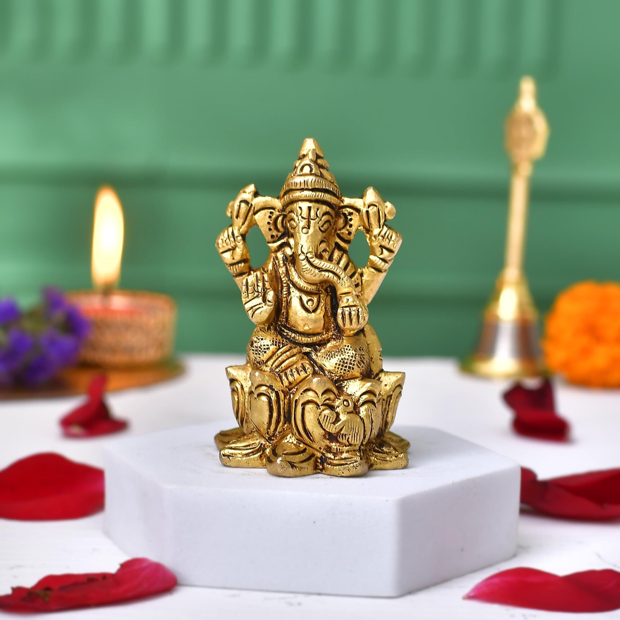 CraftVatika Ganesha Brass Idol Sitting on Lotus - Ganpati Sitting Idol Brass Ganesha Murti Statue Pooja Home Dcor Gift (2.5 Inch Height)