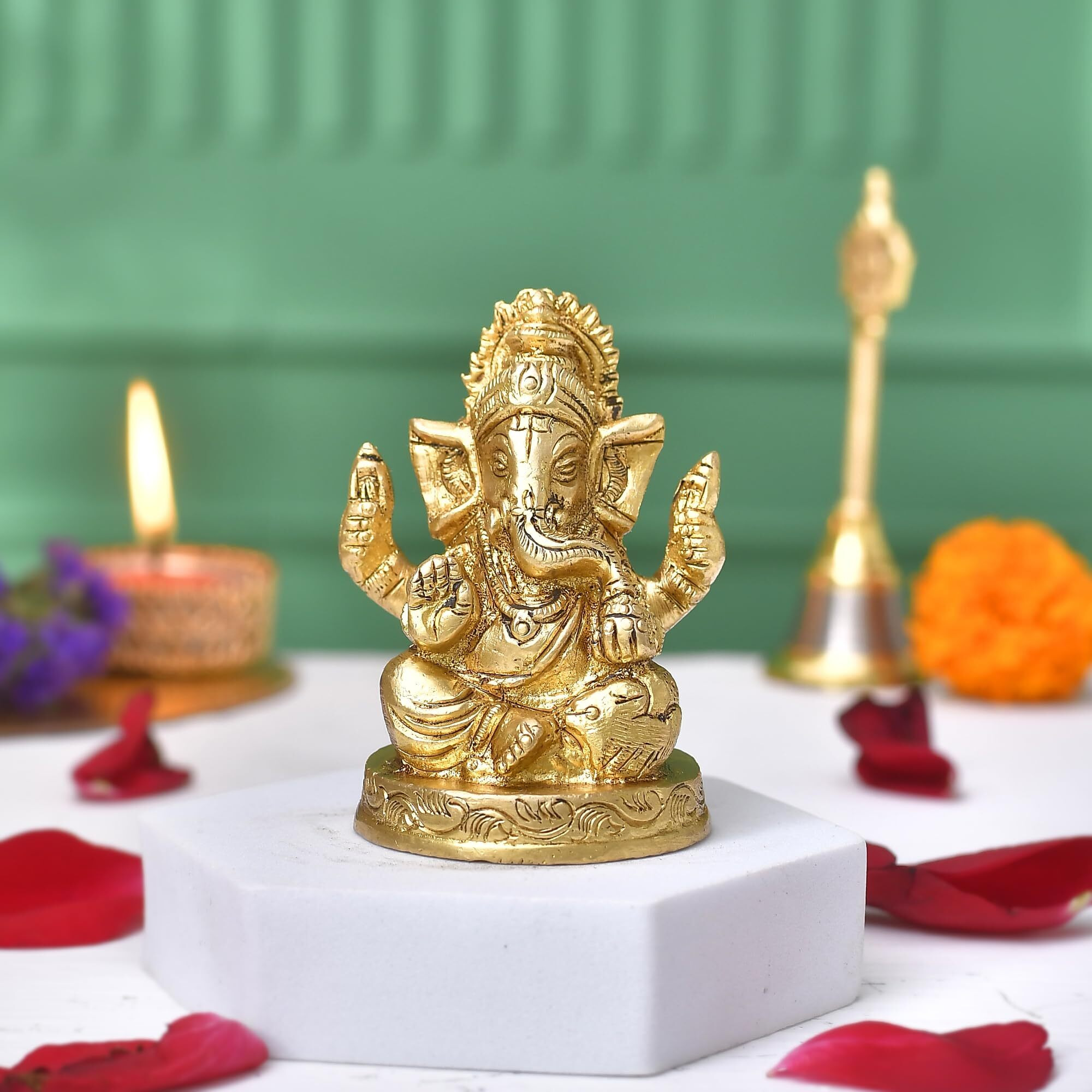 CraftVatika Brass Ganesha Ganpati Idol Murti Statue for Home Dcor Pooja Room Small Ganesha for Office Desk Brass Ganpati Return Diwali Housewarming Gift(2.6 Inch Height)