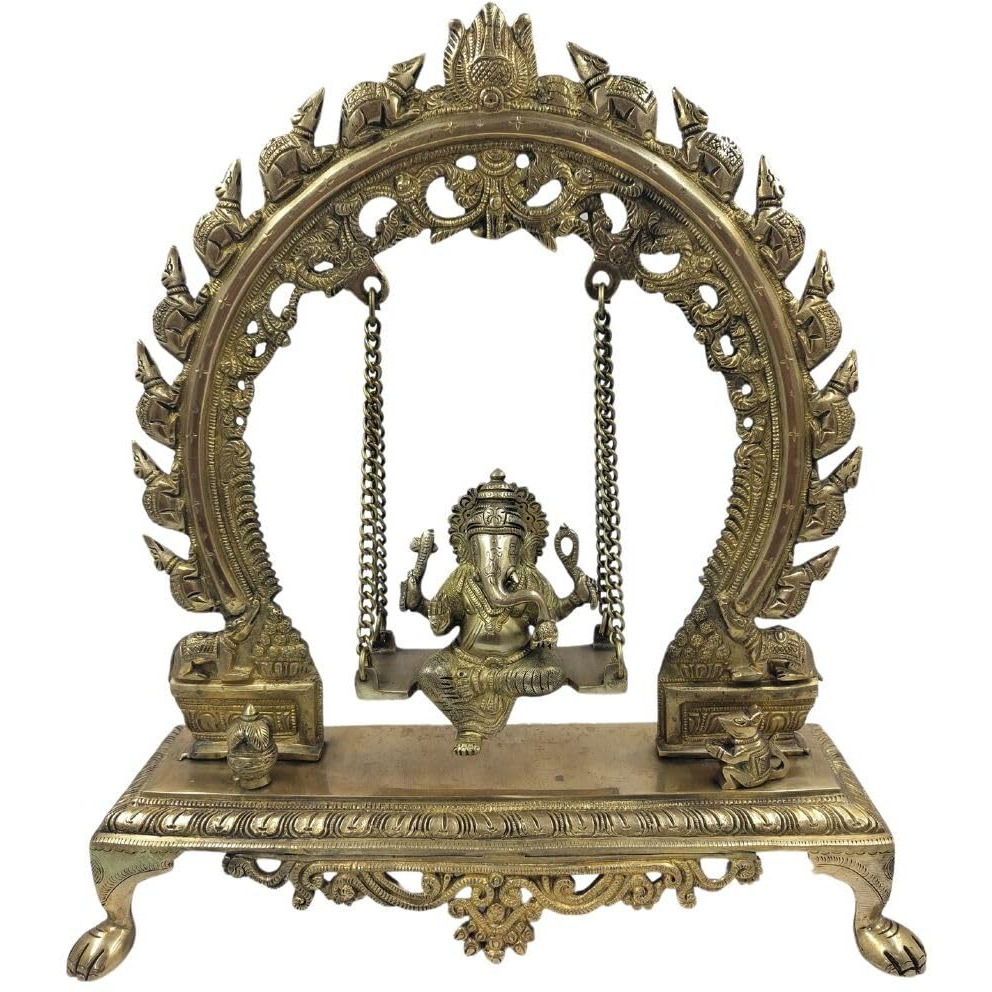 CraftVatika Brass Ganesha on Swing Large Jhula Brass Ganesha Ganpati Murti on Jhoola for Pooja Mandir Home Office Decor Ganesha Chaturthi Diwali New Beginning Return Gift Handcrafted Brass Jhula