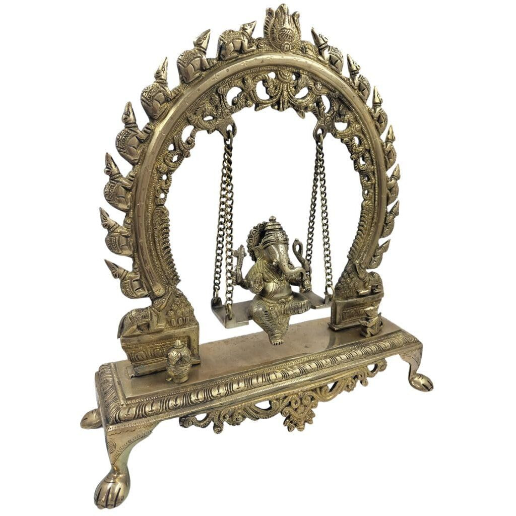 CraftVatika Brass Ganesha on Swing Large Jhula Brass Ganesha Ganpati Murti on Jhoola for Pooja Mandir Home Office Decor Ganesha Chaturthi Diwali New Beginning Return Gift Handcrafted Brass Jhula