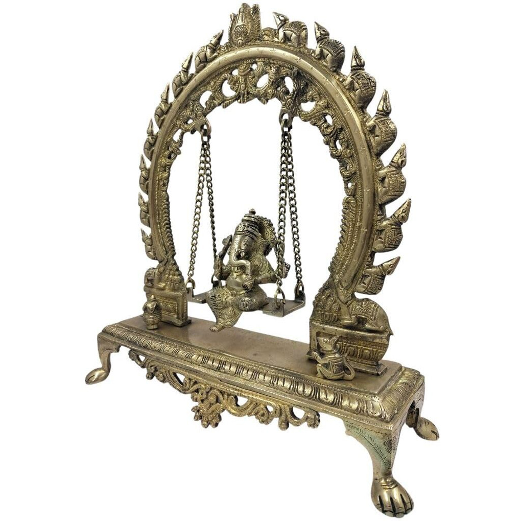 CraftVatika Brass Ganesha on Swing Large Jhula Brass Ganesha Ganpati Murti on Jhoola for Pooja Mandir Home Office Decor Ganesha Chaturthi Diwali New Beginning Return Gift Handcrafted Brass Jhula