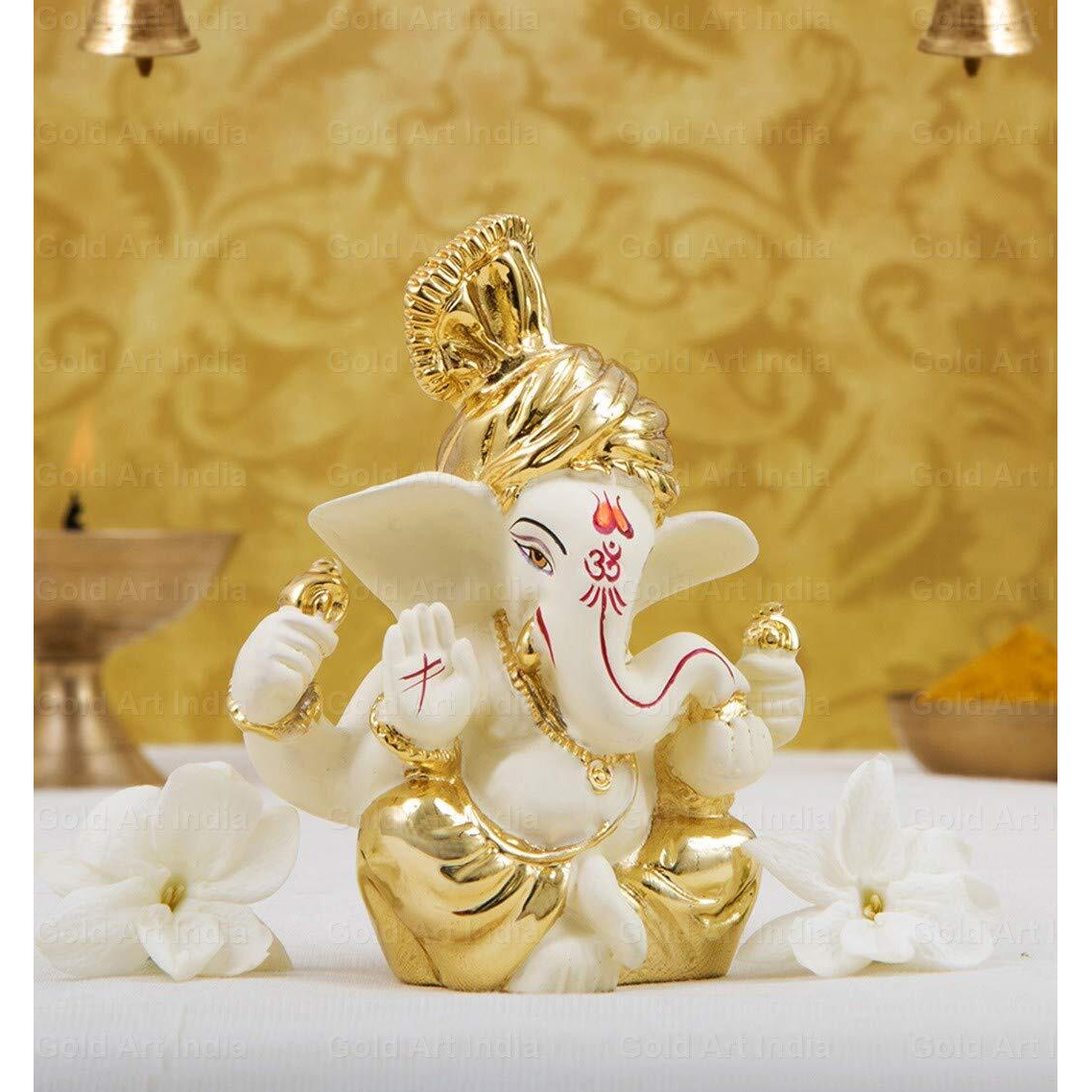 Gold Art India 3 x 3, Gold and Off White Ganesh Idol For Car Dashboard Ganesha Murti Ganpati Idol For Home Decor Puja Lord Ganesh Statue Gift For Office Desk Puja Room Figurine