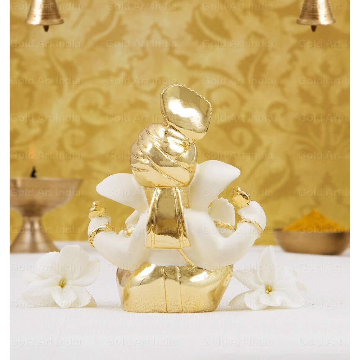 Gold Art India 3 x 3, Gold and Off White Ganesh Idol For Car Dashboard Ganesha Murti Ganpati Idol For Home Decor Puja Lord Ganesh Statue Gift For Office Desk Puja Room Figurine