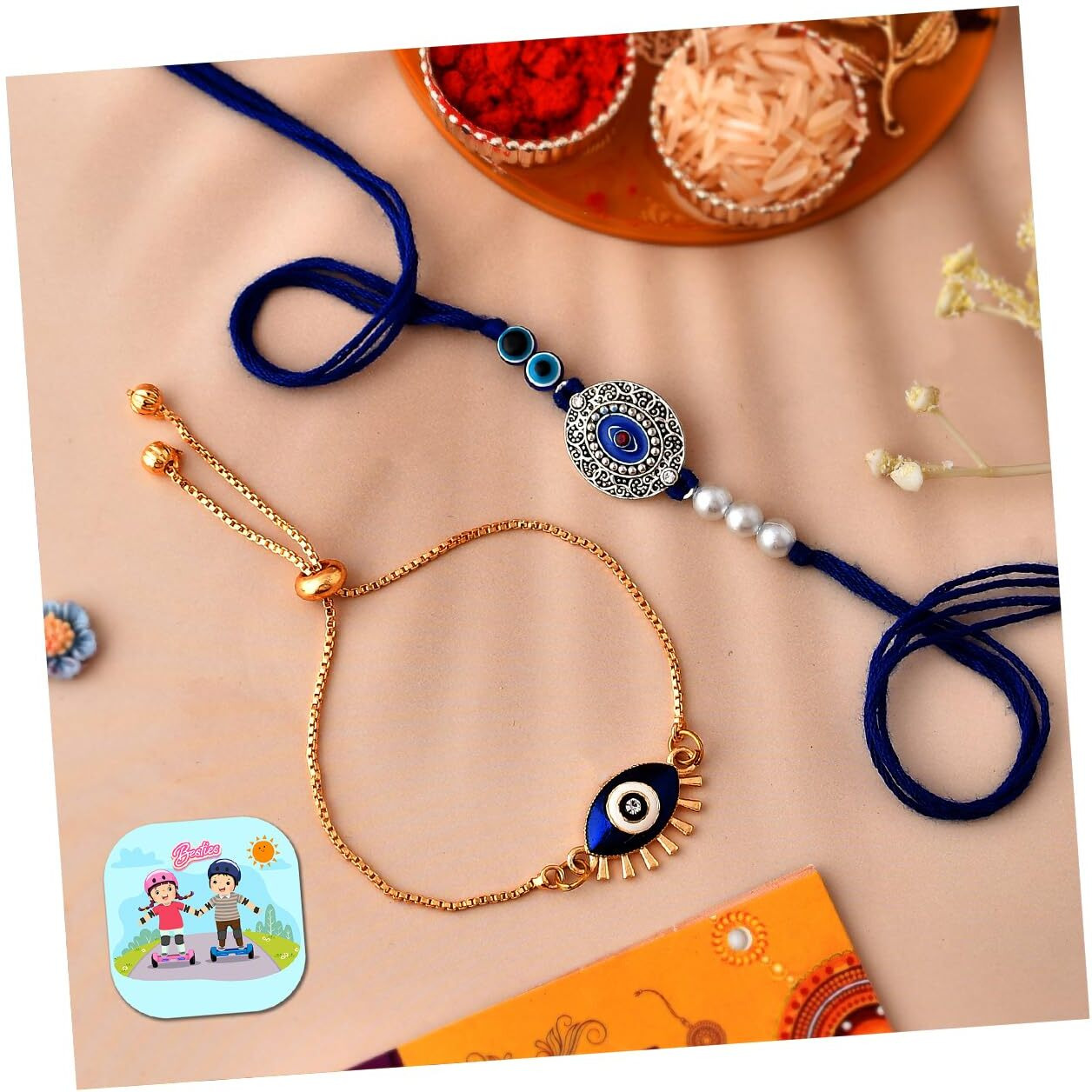 CraftVatika Bhaiya Bhabhi Evil Eye Rakhi Magnet Combo Set for Brother Designer Rakhi for Bhaiya Bhabhi Rakshabandhan Bracelet Rakhi Evil Eye Hand Rakhi Set Rakhi with Fridge Magnet Gift Combo