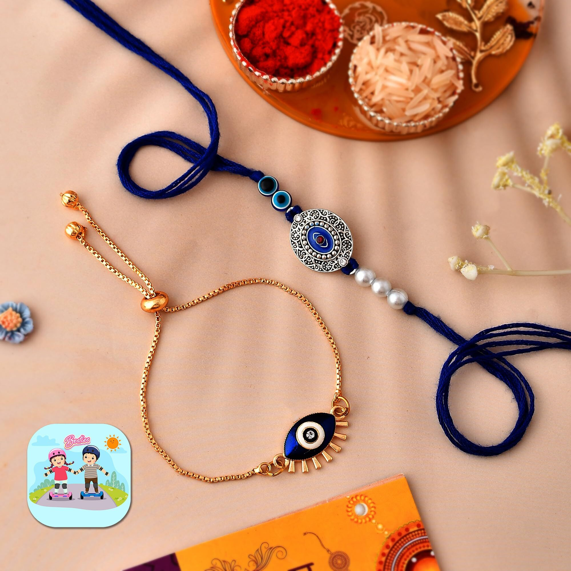 CraftVatika Bhaiya Bhabhi Evil Eye Rakhi Magnet Combo Set for Brother Designer Rakhi for Bhaiya Bhabhi Rakshabandhan Bracelet Rakhi Evil Eye Hand Rakhi Set Rakhi with Fridge Magnet Gift Combo