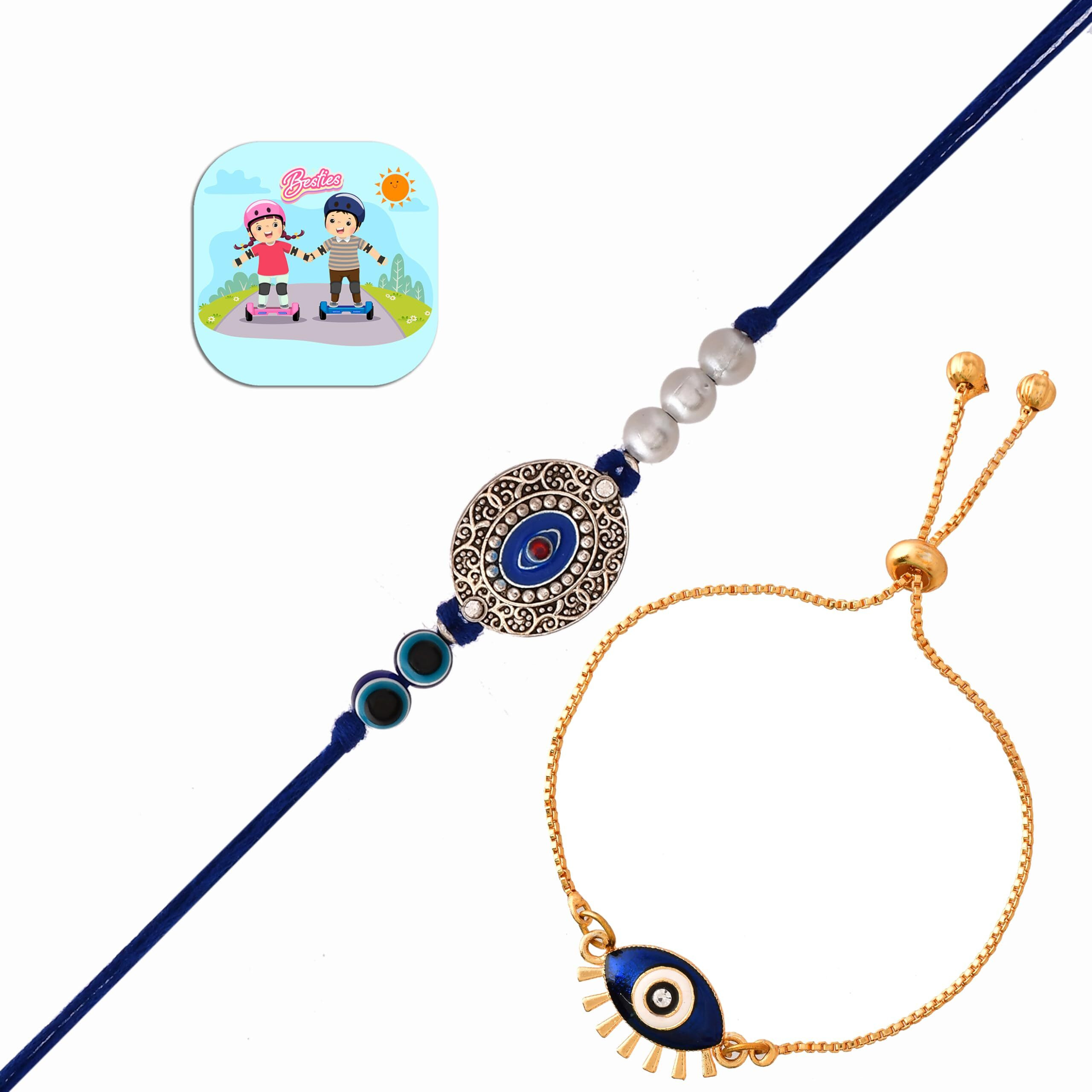 CraftVatika Bhaiya Bhabhi Evil Eye Rakhi Magnet Combo Set for Brother Designer Rakhi for Bhaiya Bhabhi Rakshabandhan Bracelet Rakhi Evil Eye Hand Rakhi Set Rakhi with Fridge Magnet Gift Combo