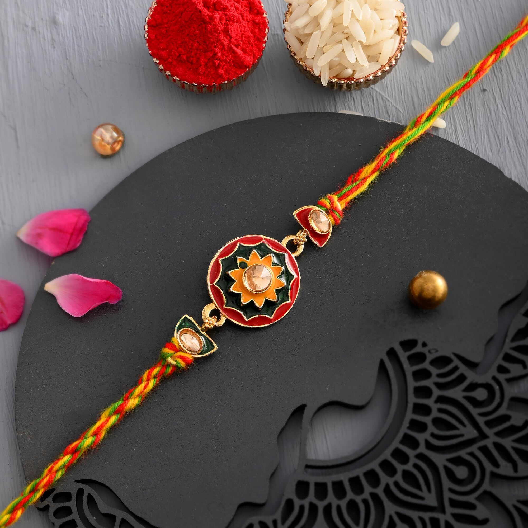 TONKWALAS Multicolor Combo of 5 Rakhi Set for Men with Roli Chawal Best Wishes Greeting Card