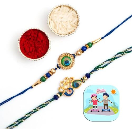 CraftVatika Peacock Rakhi for Brother Mor Pankh Rakhi for Bhaiya Rakhi Set of 2 for Bhai Boy Kids Rakhi Combo for Rakshabandhan, Rakhi with Fridge Magnet for Door Decor