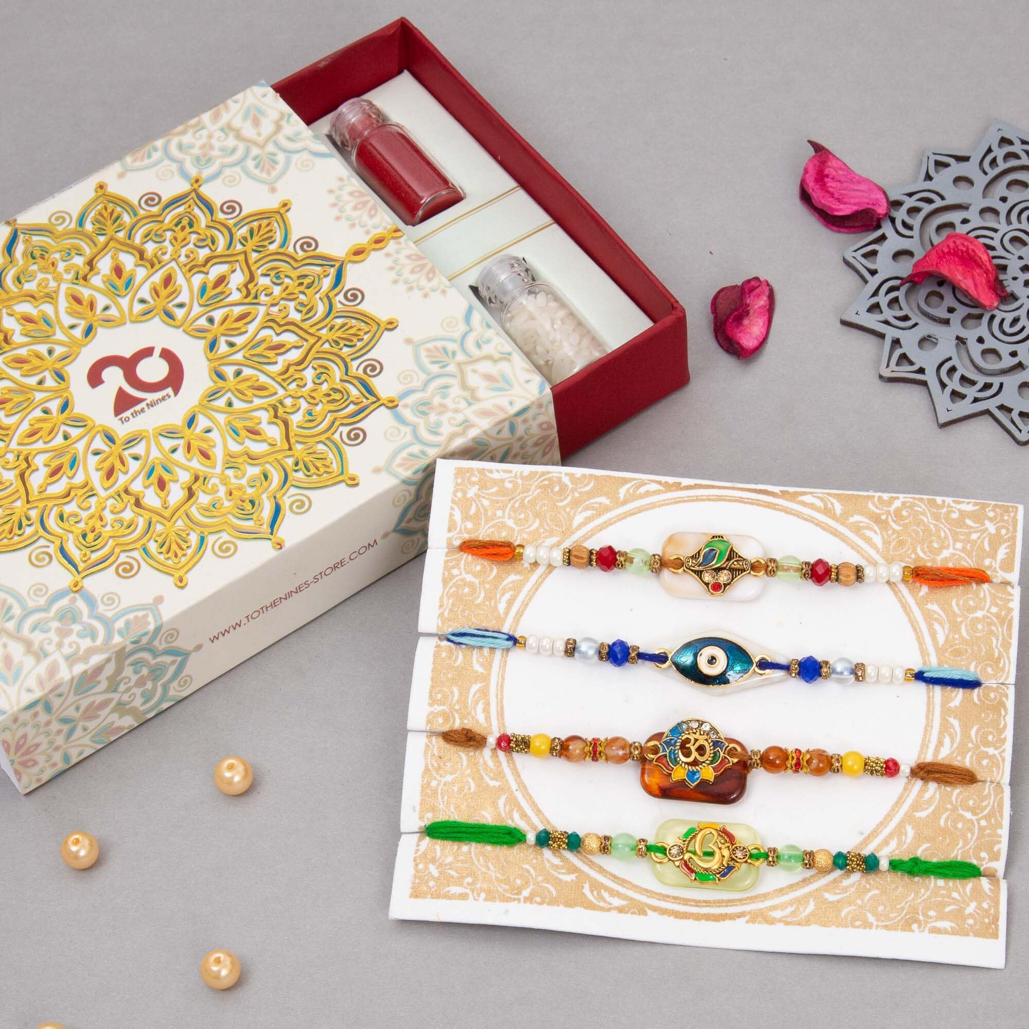 To The Nines Elegant Golden Rakhi/Band for Beloved Brother (Rakhi/Band Combo OF 4) (Multi11)