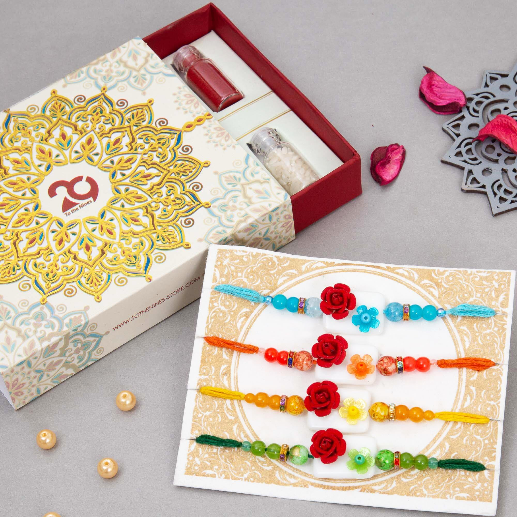 To The Nines Elegant Golden Rakhi/Band for Beloved Brother (Rakhi/Band Combo OF 4) (Multi12)