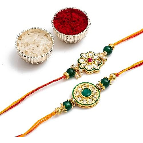 CraftVatika Premium Kundan Rakhi Set of 2 Rakhi For Brother, Bhabhi Kids - Kundan Elegant Rakhi Combo For Brother - Rakhi For Brother Bhaiya/Rakhi For Bhabhi/Kundan Stone Rakhi for bhaiya bhabhi
