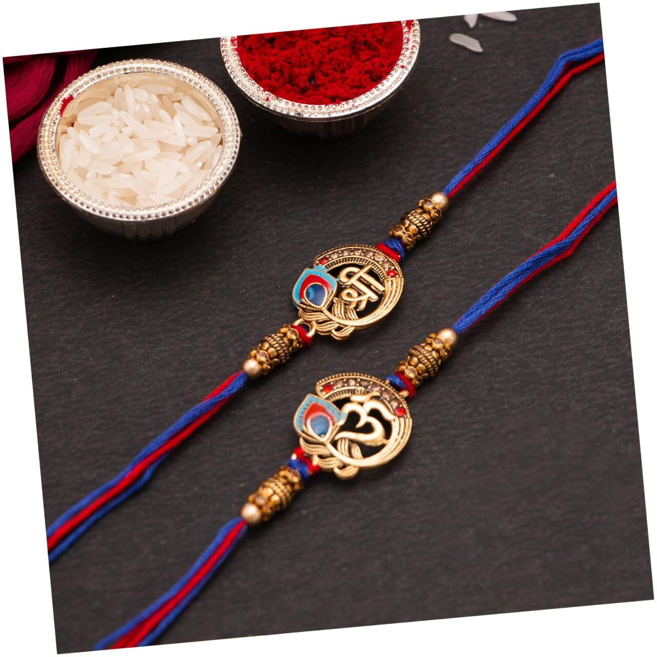 CraftVatika Metal Designer Rakhi For Brother Bhaiya Om Rakhi For Bhai With Greeting Card Shri Mor Pankh Rakhi For Bhaiya Rakhi Set Of 2 For Rakshabandhan Combo